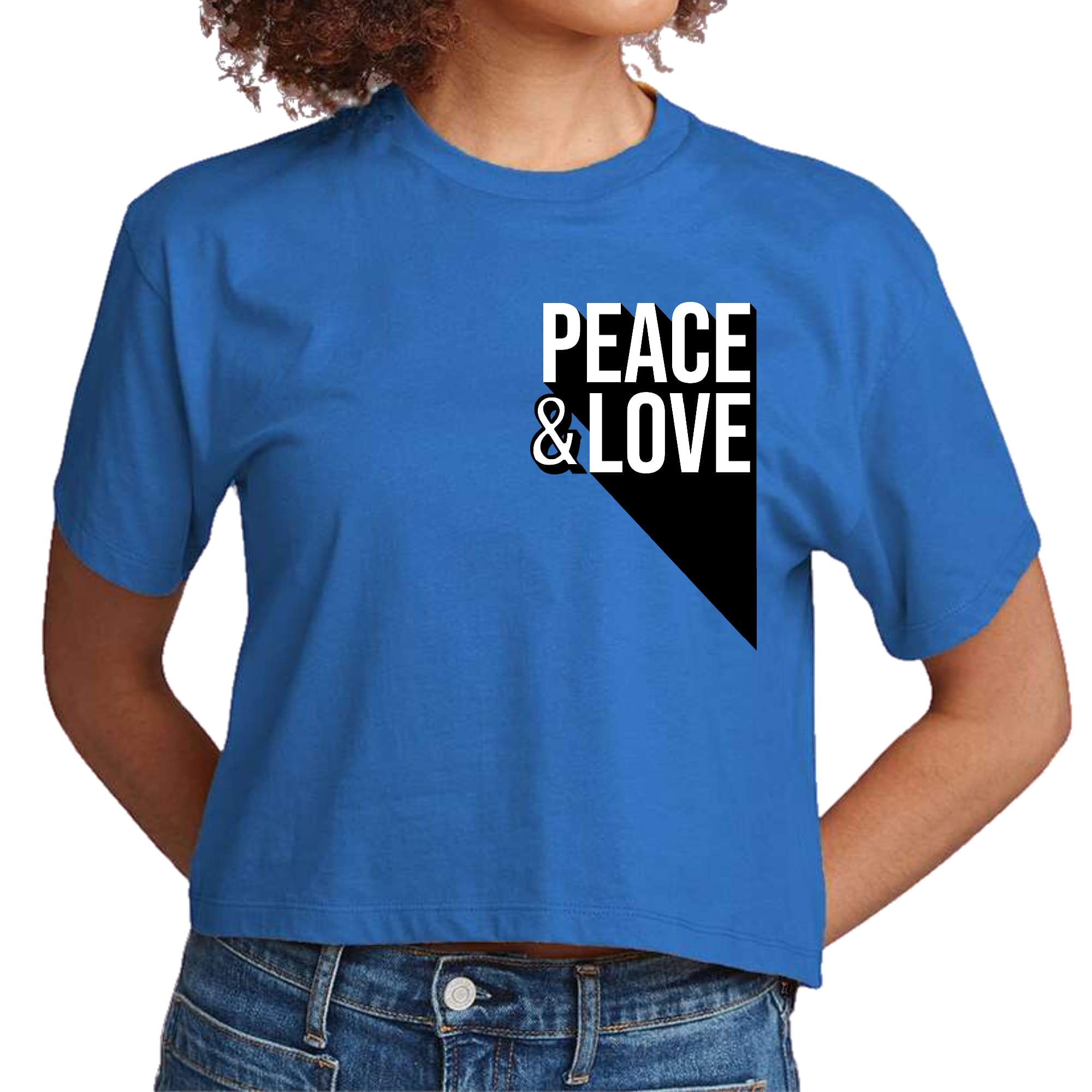 Women's cropped graphic t-shirt featuring a colorful Peace and Love print, made from soft preshrunk cotton, ideal for casual wear.