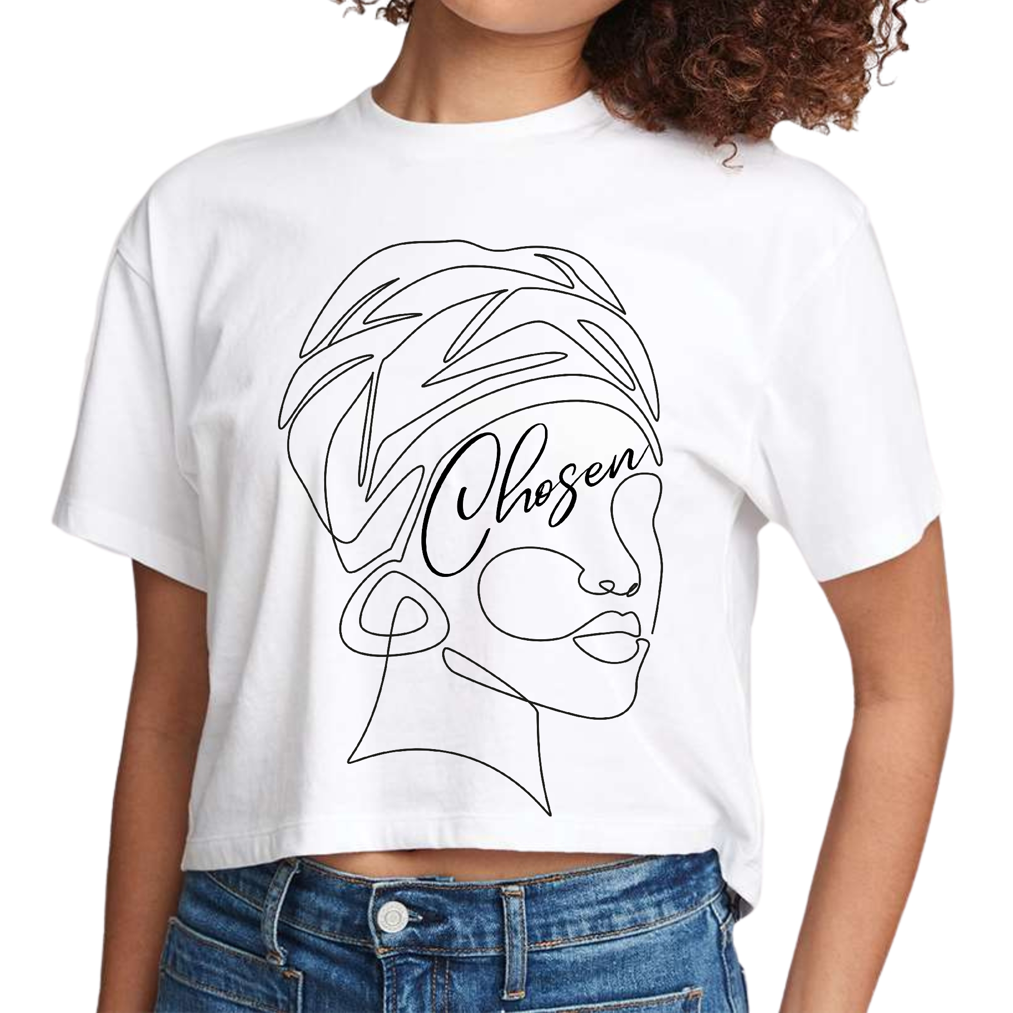 Womens Cropped Graphic T-shirt featuring 'Chosen' line art design, made from soft preshrunk cotton, perfect for casual wear.