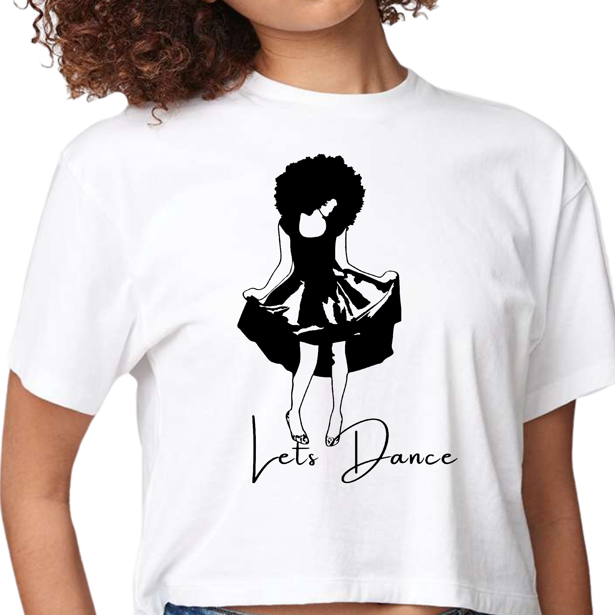 Womens Cropped Graphic T-shirt featuring a unique 'Lets Dance' black line art print, showcasing creativity and style.