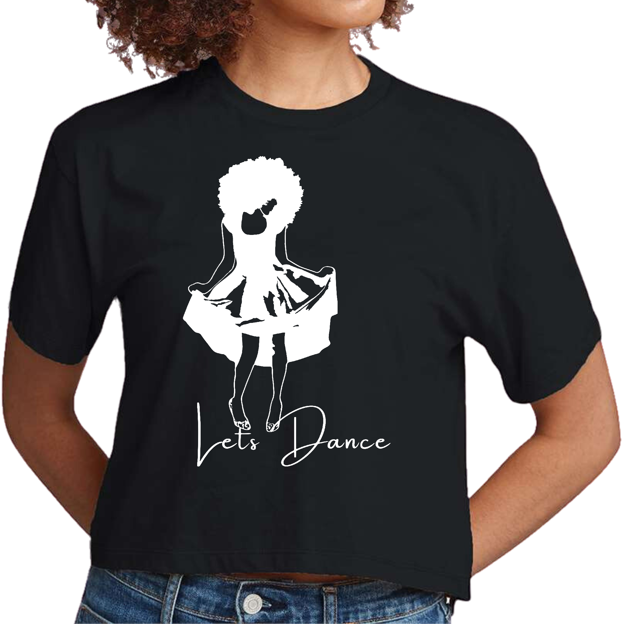 Womens Cropped Graphic T-shirt featuring a unique 'Lets Dance' white line art print, showcasing a stylish and creative design.
