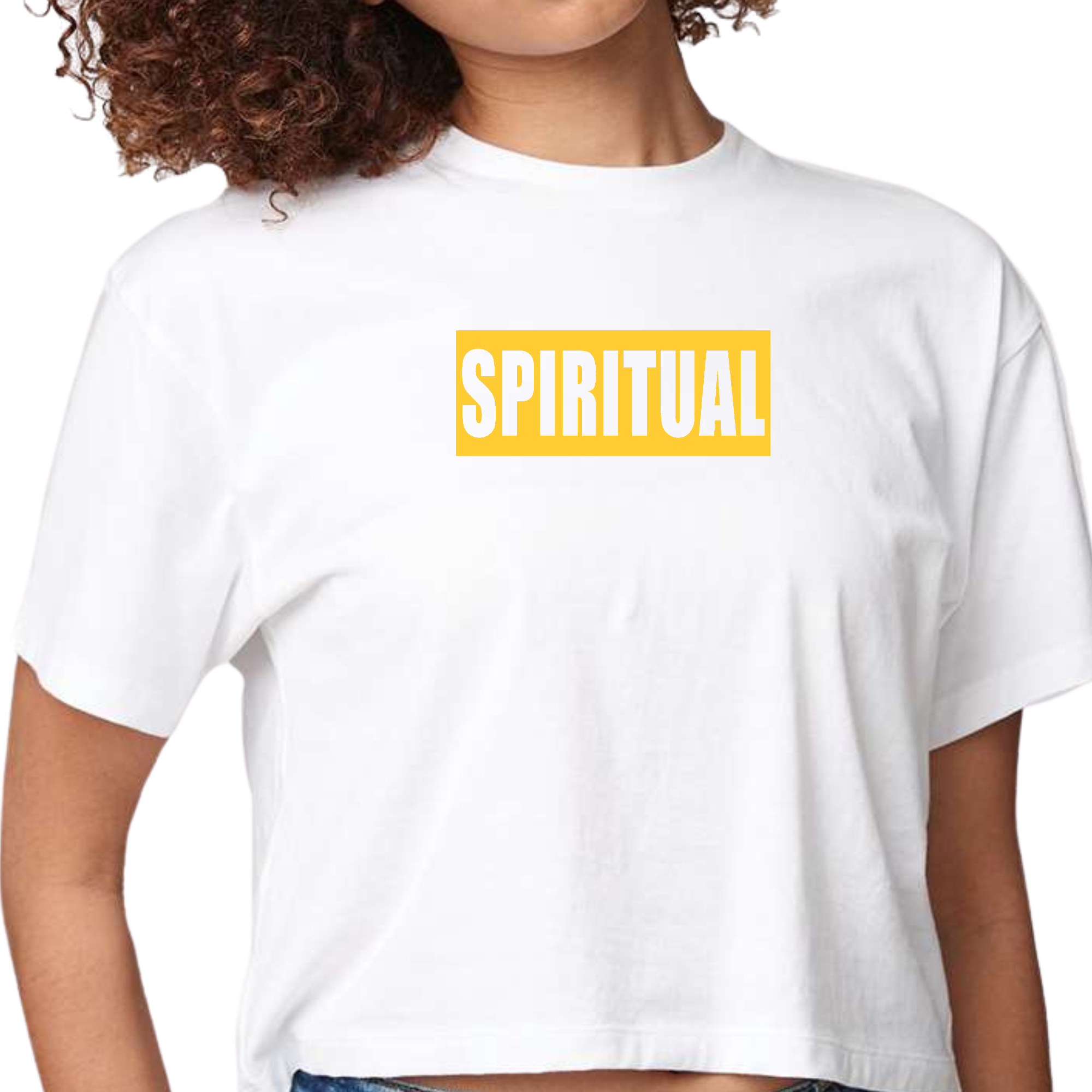 Women's Cropped Graphic T-shirt in Spiritual Yellow Gold colorblock, featuring a soft preshrunk cotton fabric and classic fit.