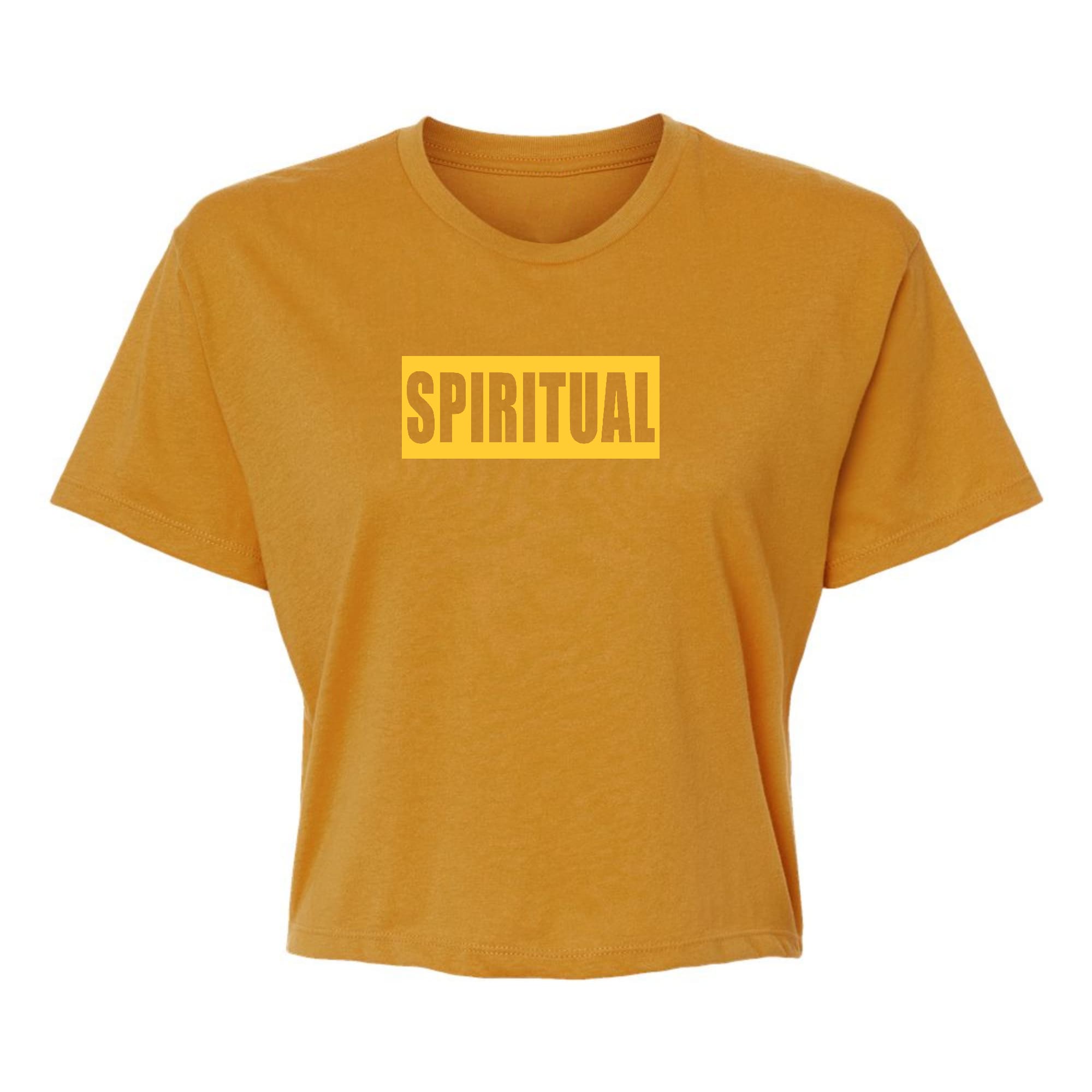 Women's Cropped Graphic T-shirt in Spiritual Yellow Gold colorblock, featuring a soft preshrunk cotton fabric and classic fit.