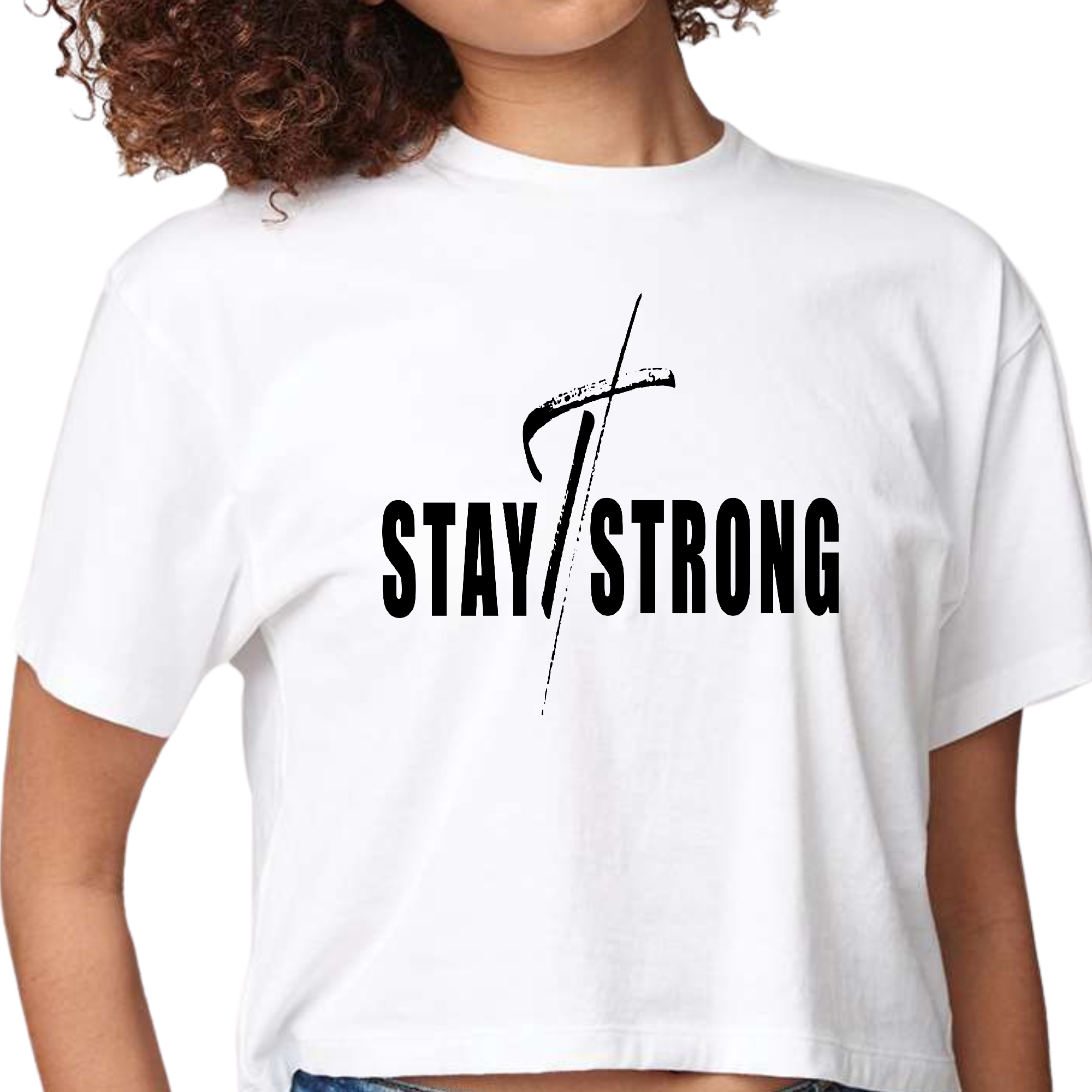 Women's Cropped Graphic T-shirt featuring a bold 'Stay Strong' cross print in black, made from soft cotton fabric.