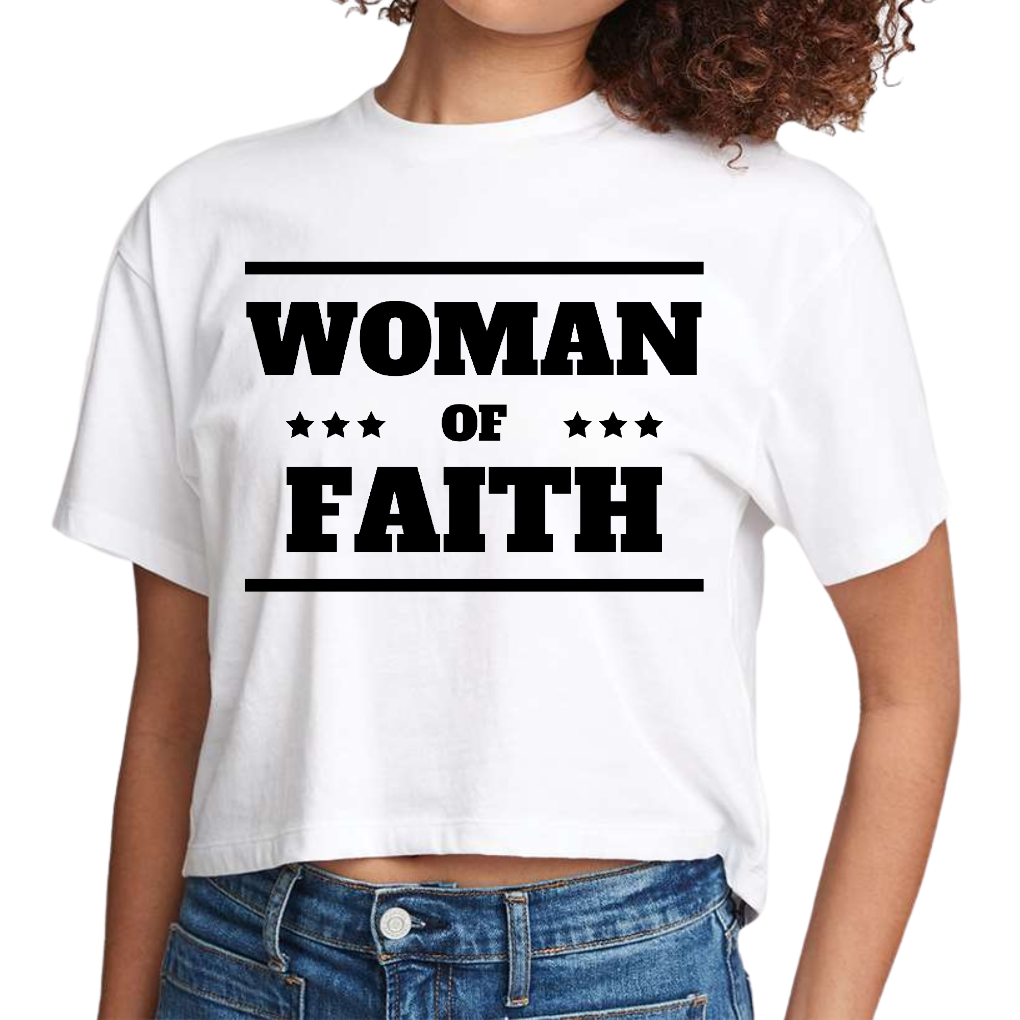 Women's Cropped Graphic T-shirt featuring a black illustration of a Woman of Faith, showcasing a stylish and inspirational design.