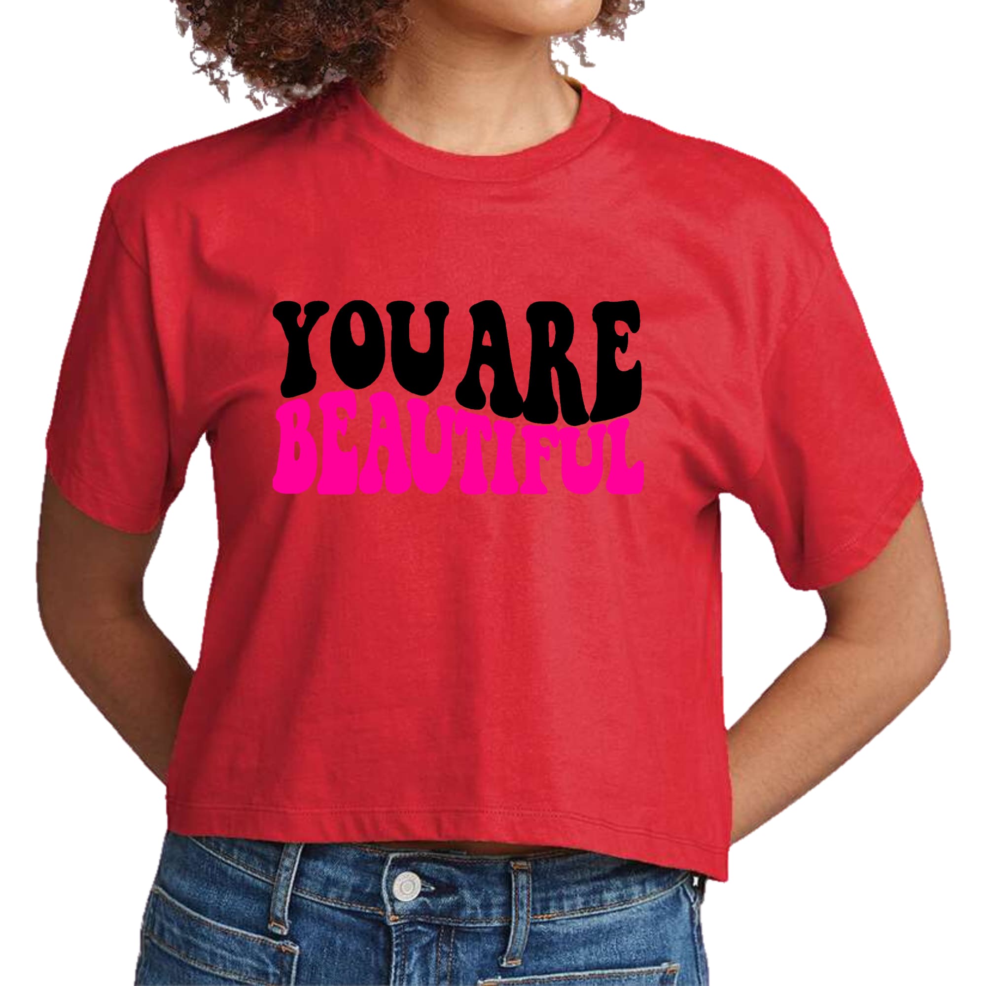 Women's Cropped Graphic T-shirt featuring 'You are Beautiful' print in retro wavy design, perfect for casual wear.