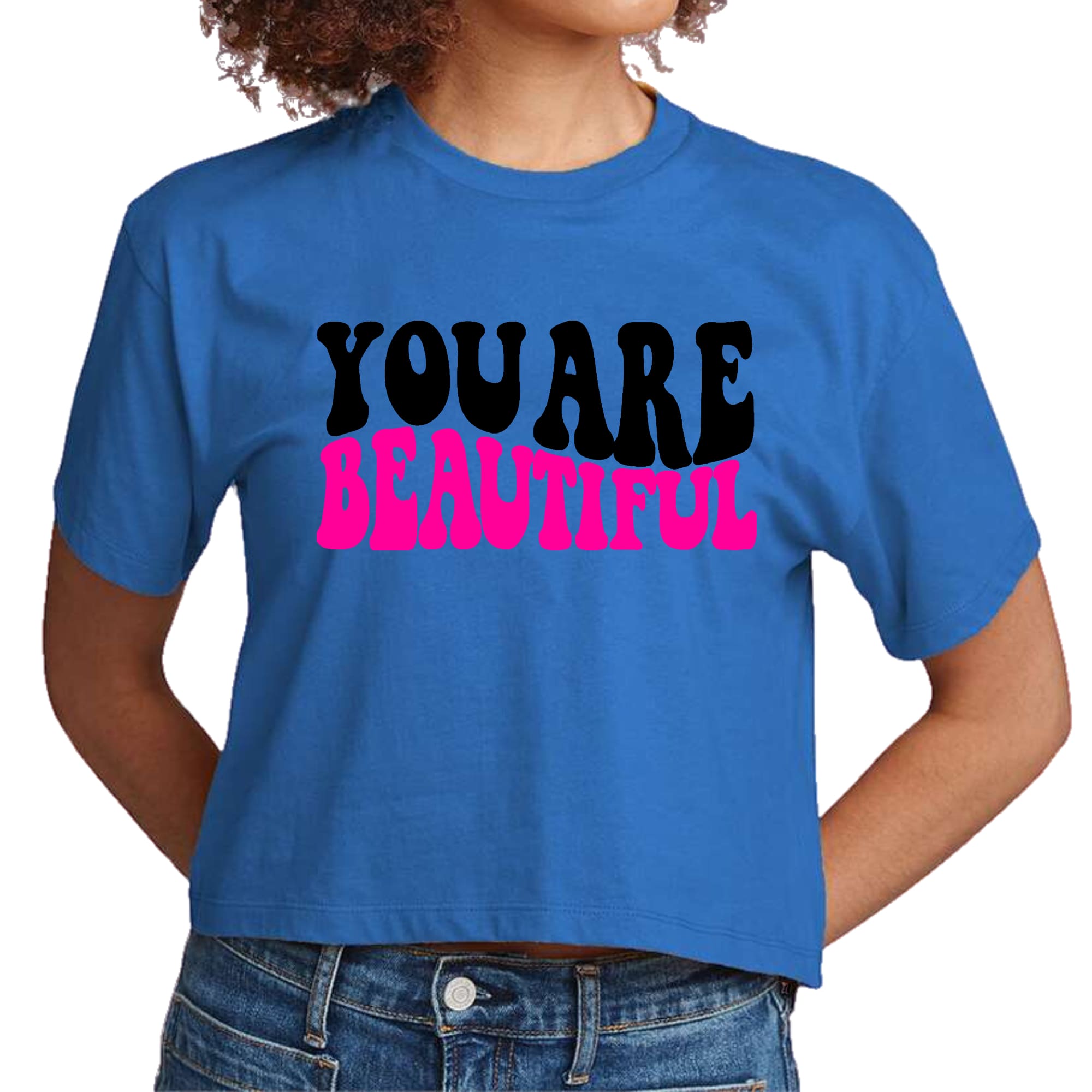 Women's Cropped Graphic T-shirt featuring 'You are Beautiful' print in retro wavy design, perfect for casual wear.