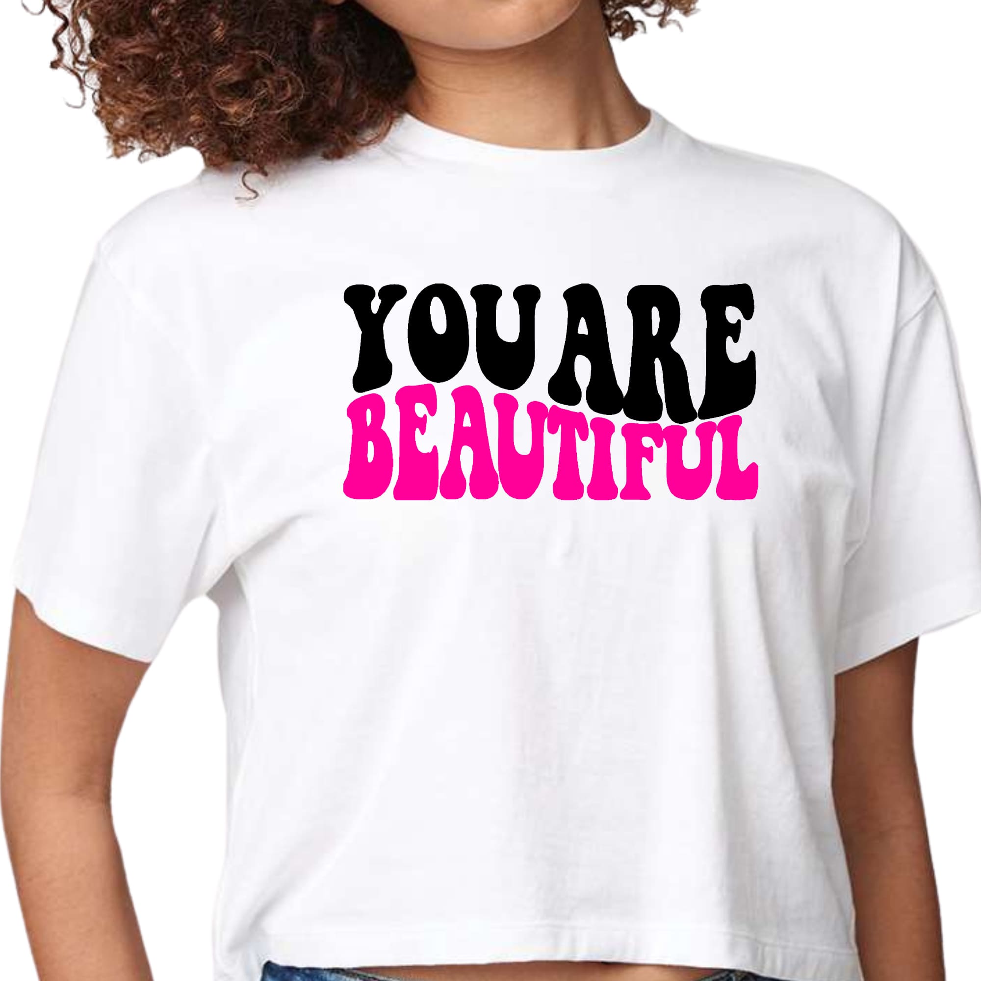 Women's Cropped Graphic T-shirt featuring 'You are Beautiful' print in retro wavy design, perfect for casual wear.