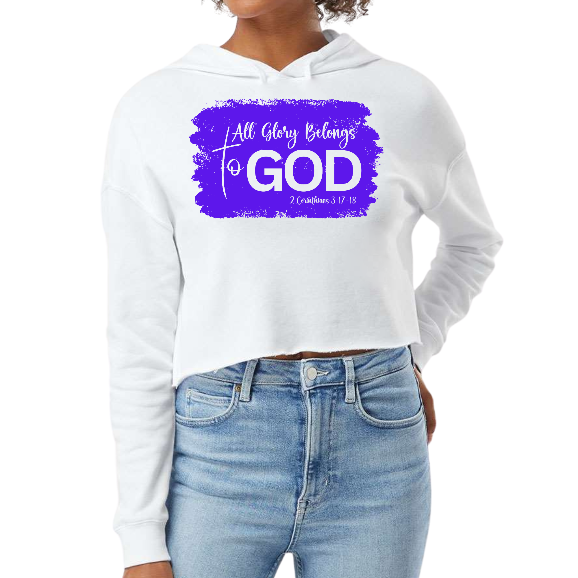 Women's cropped hoodie in purple featuring 'All Glory Belongs to God' Christian illustration, showcasing a stylish design and comfortable fit.
