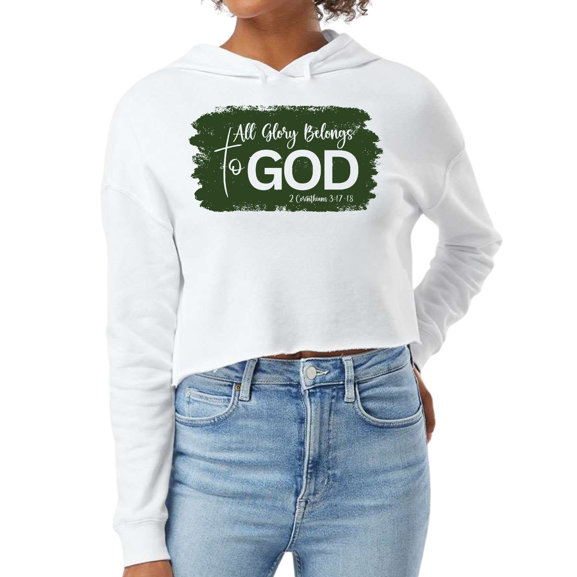 Dark green cropped hoodie for women with 'All Glory Belongs to God' graphic, featuring a drawstring neckline and long sleeves.