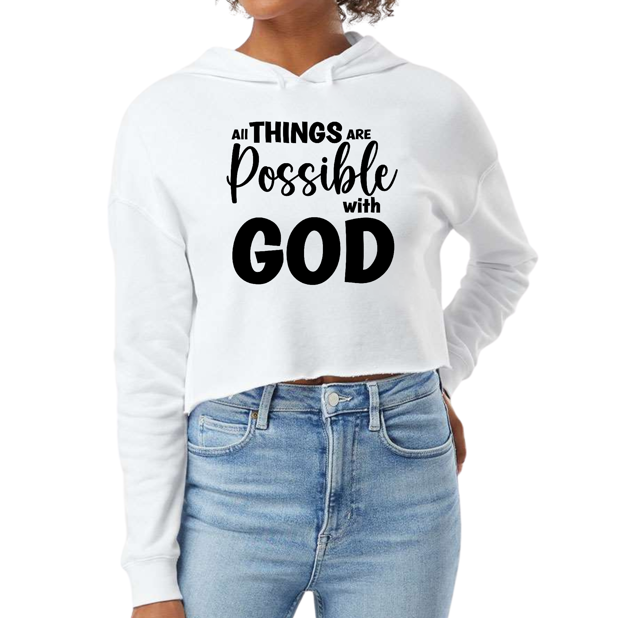 Women's black cropped hoodie featuring the phrase 'All Things are Possible with God', showcasing a relaxed fit and stylish design.