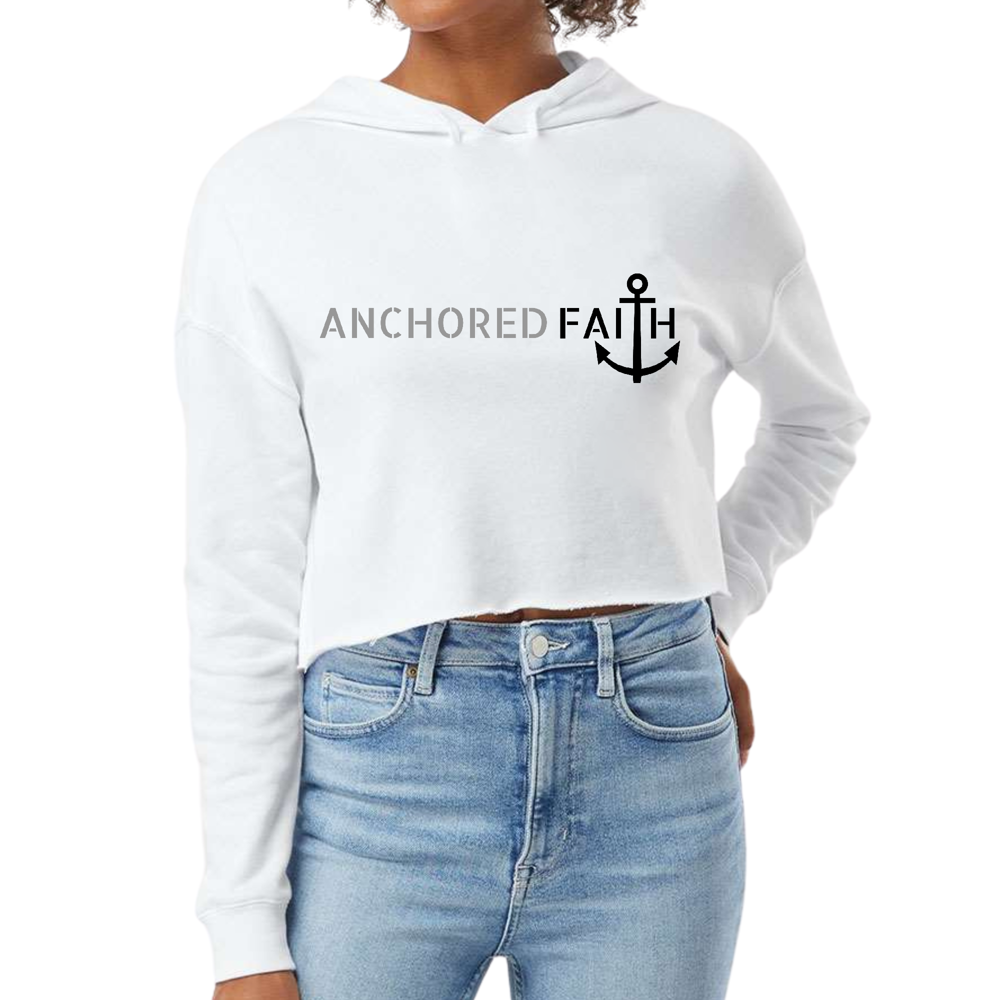 Women's cropped hoodie in grey and black with Anchored Faith print, featuring a double fabric hood and raw edge hem.
