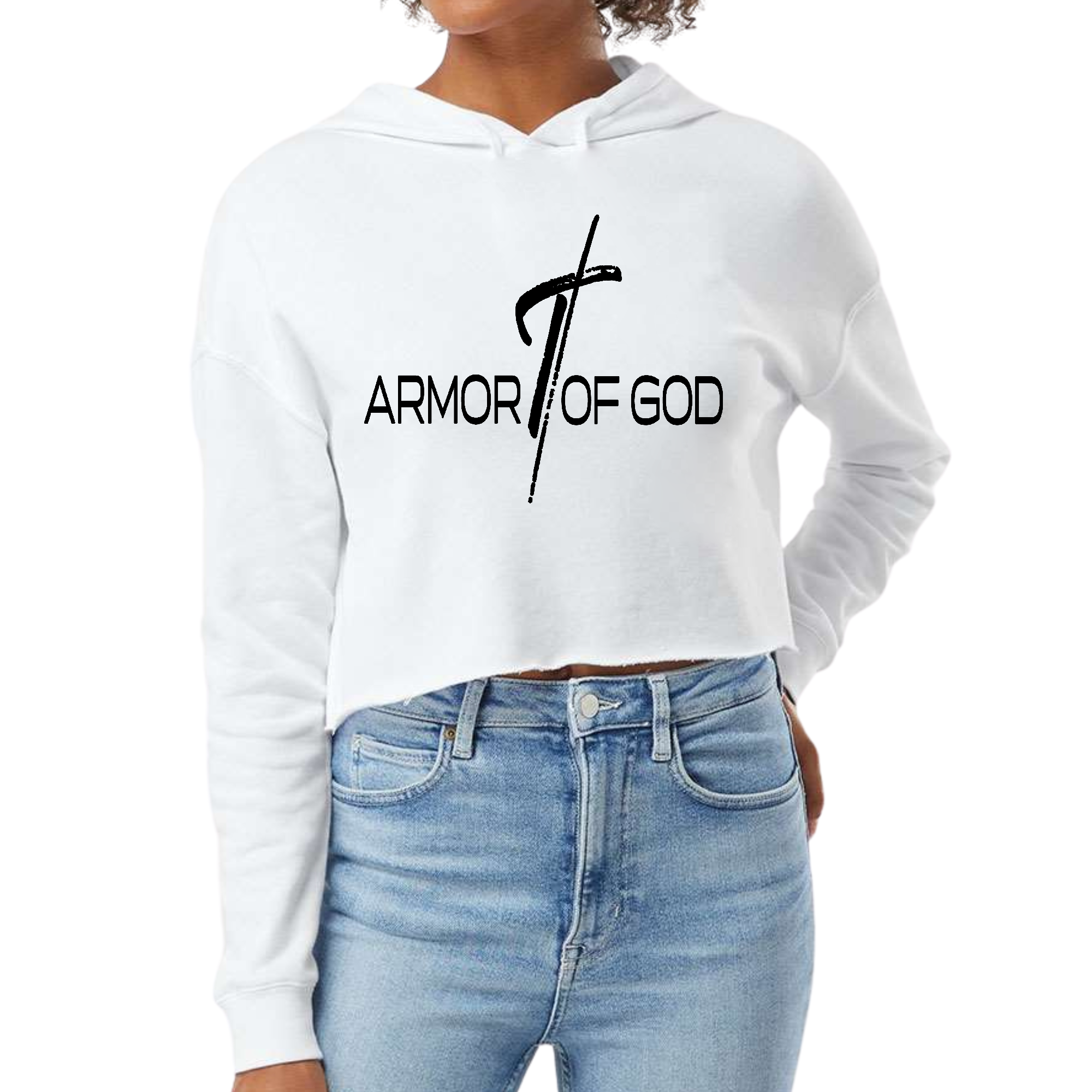 Women's Cropped Hoodie in black featuring Armor of God illustration, showcasing a stylish and comfortable design.