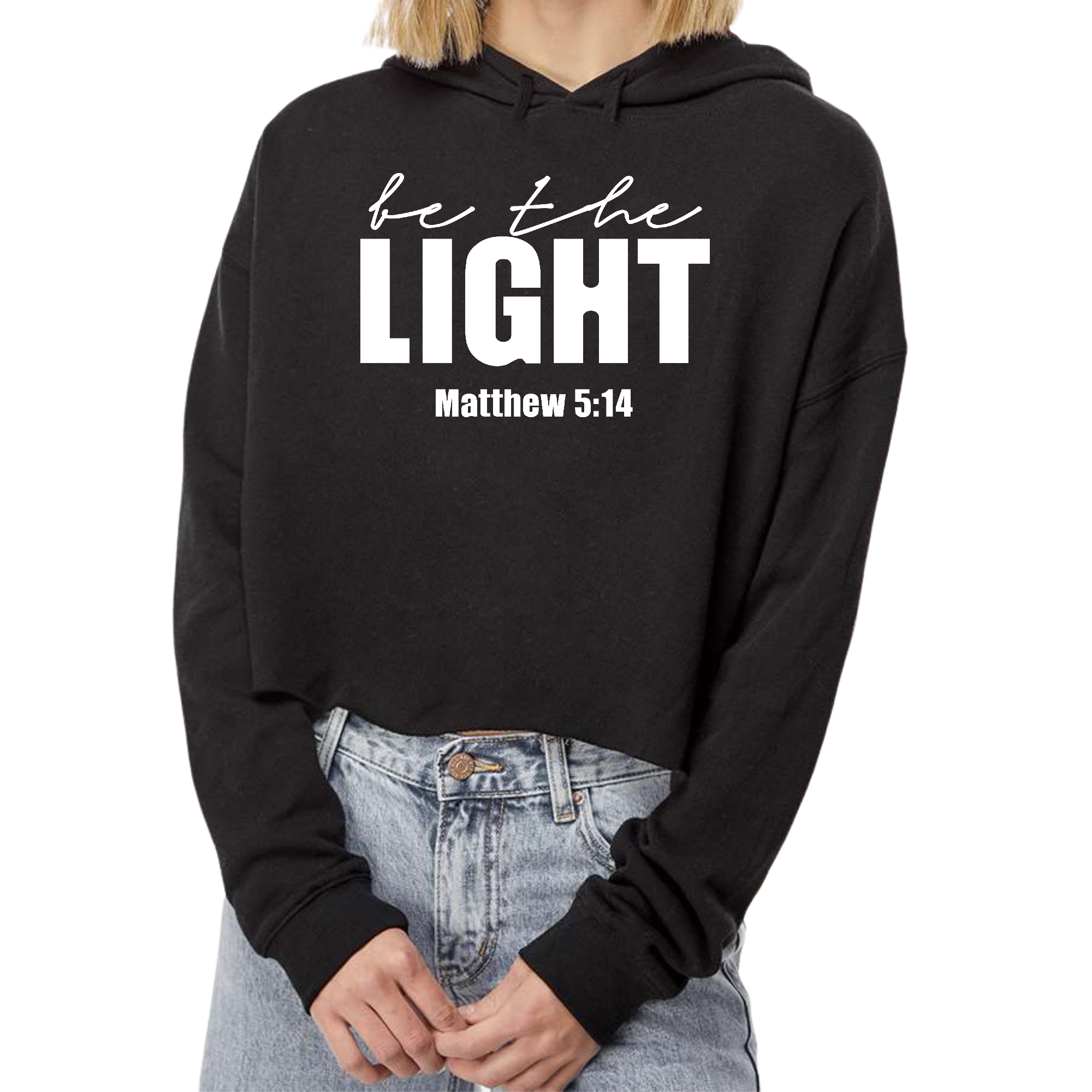 Women's cropped hoodie featuring 'Be The Light' inspirational art illustration, designed for comfort and style.