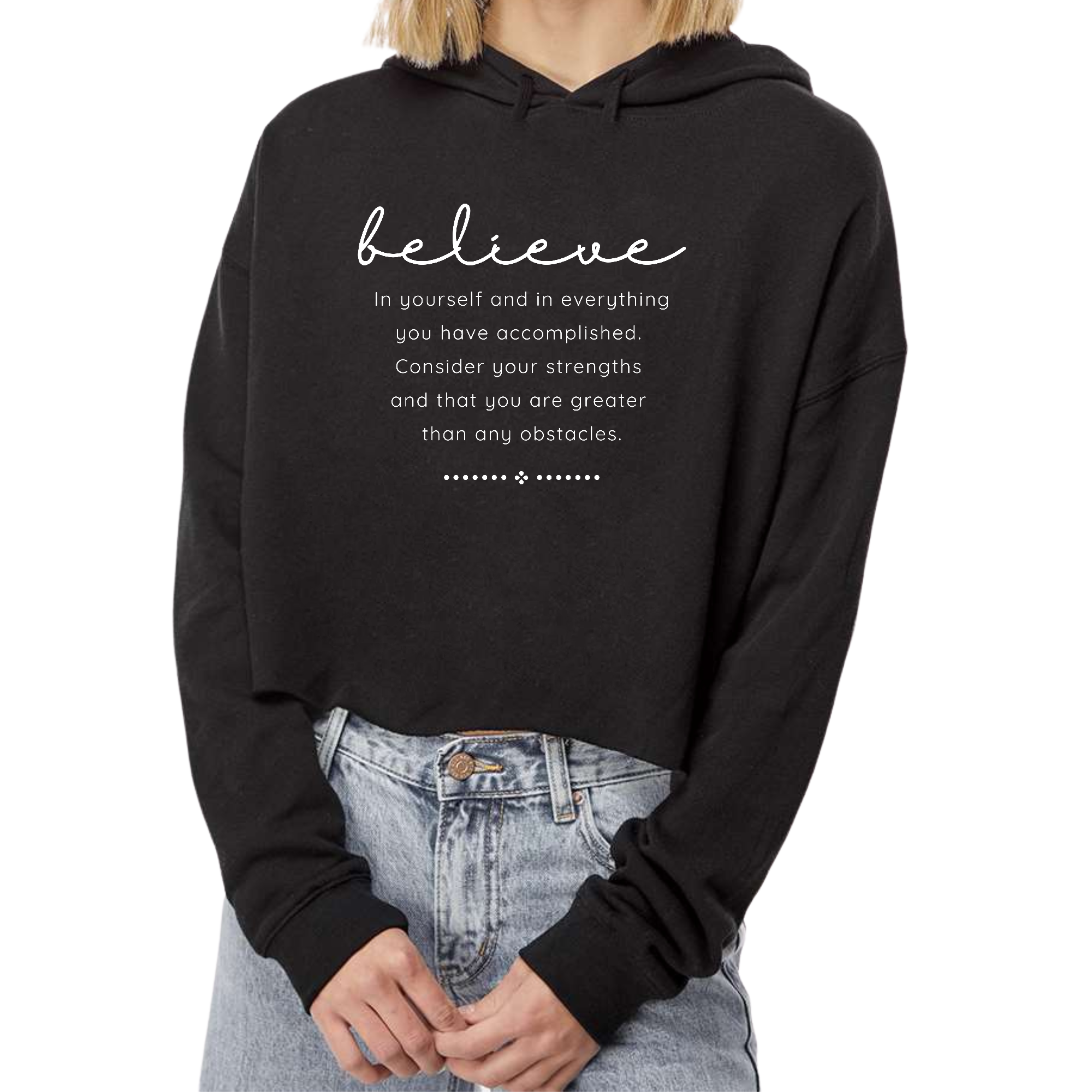Women's Cropped Hoodie featuring 'Believe in Yourself' inspirational design, made from soft cotton/polyester blend with a relaxed fit.
