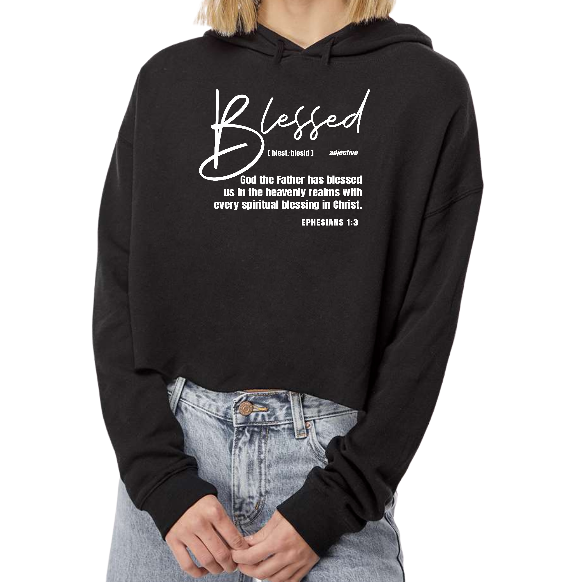 Womens Cropped Hoodie Blessed in Christ featuring a trendy graphic design, drawstring neckline, and long sleeves with ribbed cuffs.