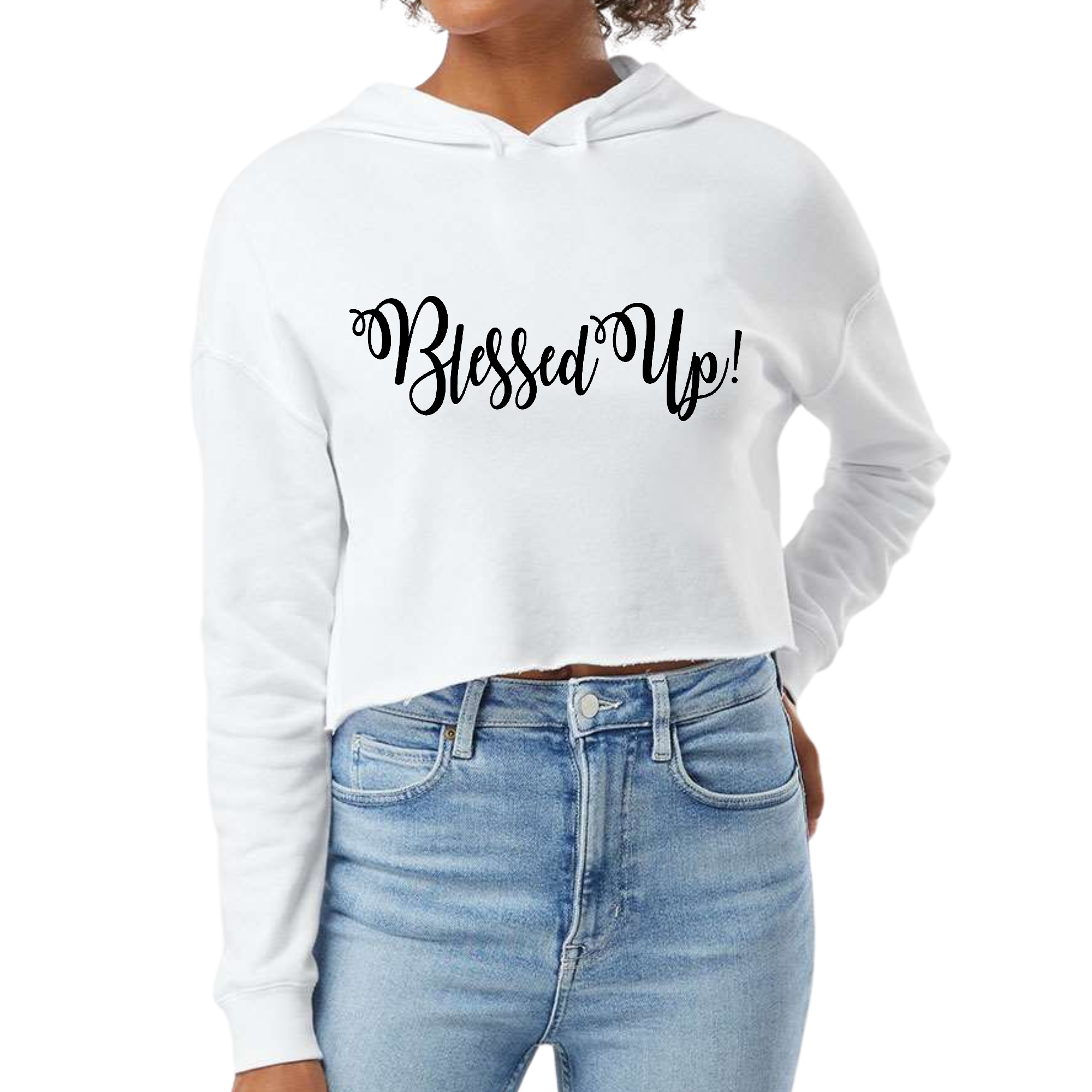 Women's cropped hoodie in black featuring a motivational Blessed Up quote illustration, designed for comfort and style.