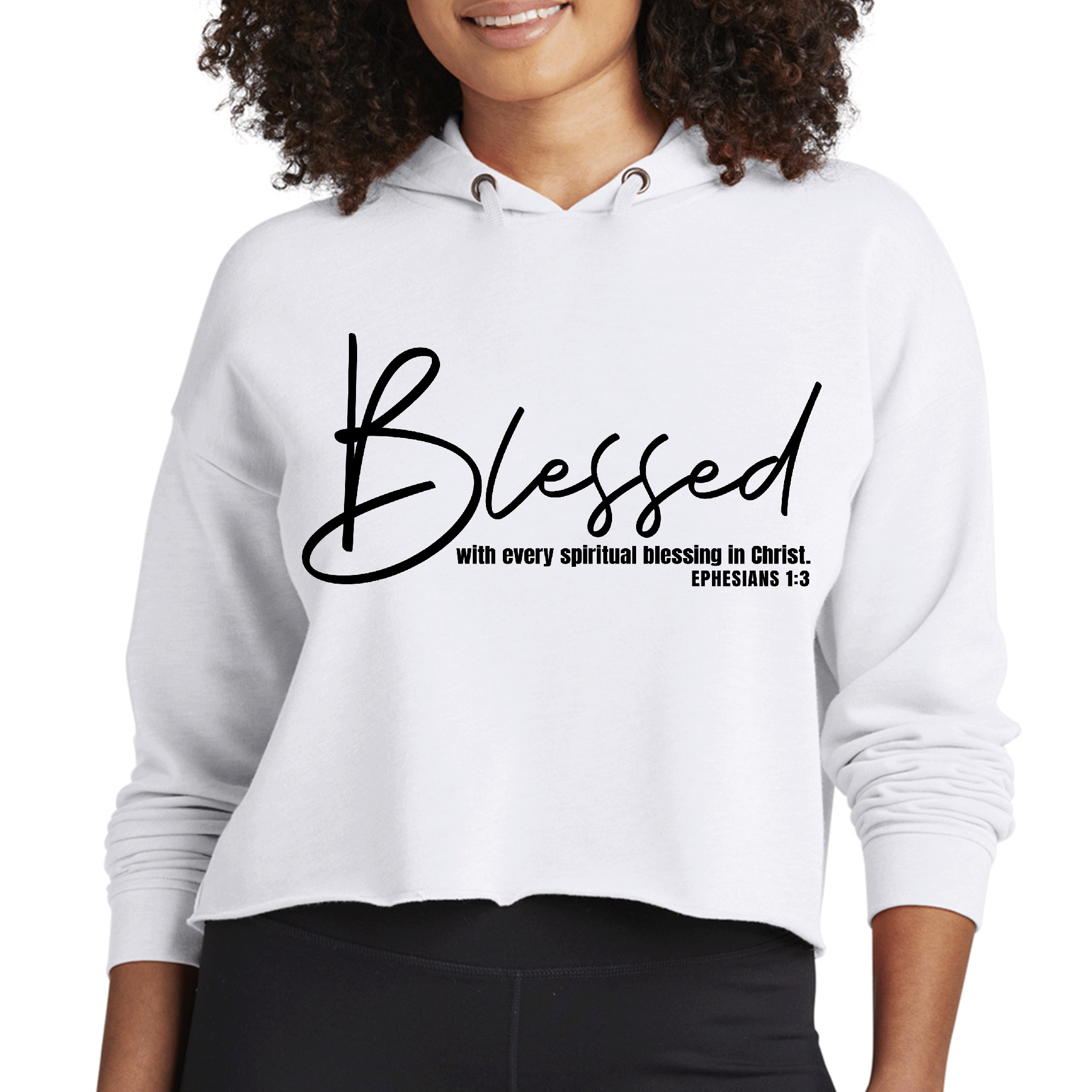Womens Cropped Hoodie in Black featuring a unique graphic print, designed for comfort and style with a cropped fit and drawstring hood.