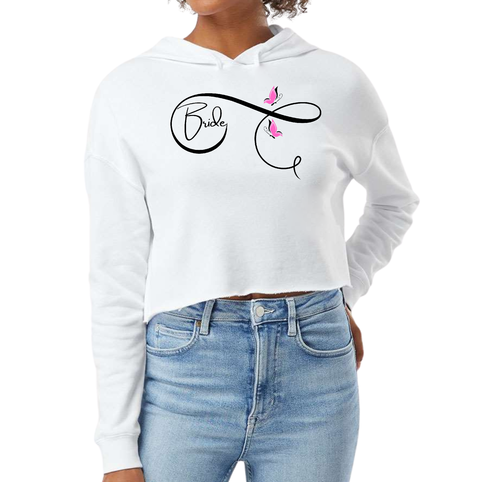 Womens cropped hoodie featuring a pink butterfly illustration, perfect for brides, showcasing a relaxed fit and stylish design.