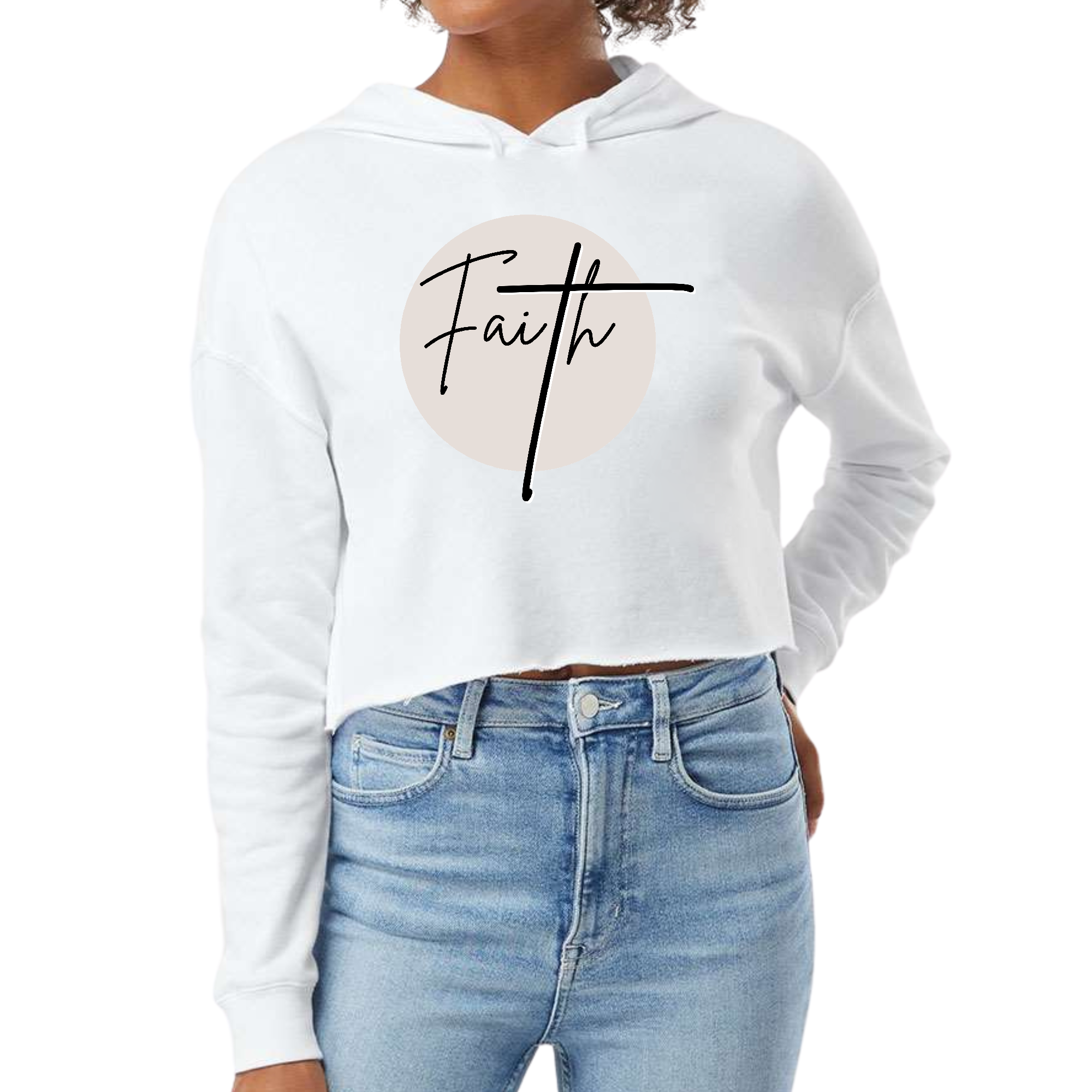 Women's Cropped Hoodie Faith in black and beige, featuring a relaxed fit, double fabric hood, and stylish raw edge cut hem.