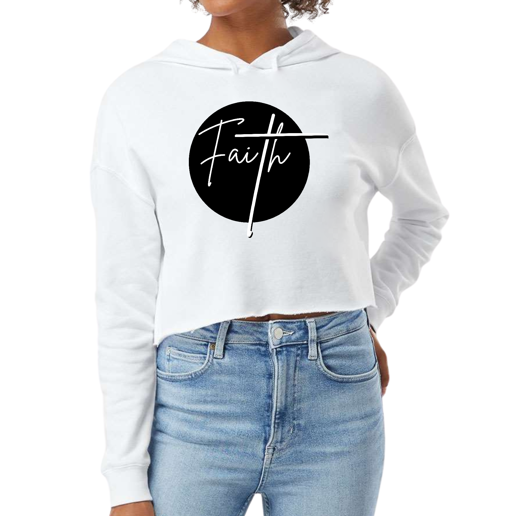 Women's cropped hoodie featuring a stylish Faith print in black and white, showcasing a relaxed fit and comfortable fabric.