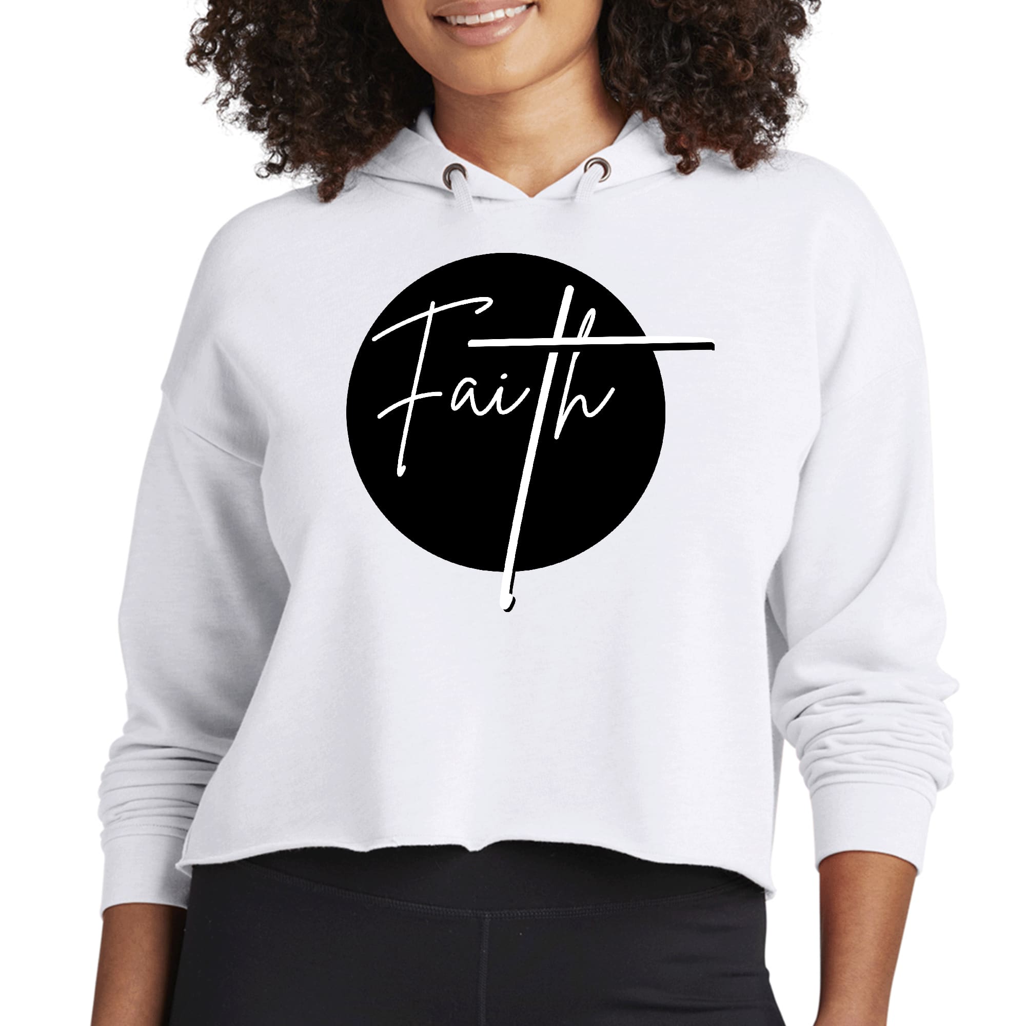 Women's cropped hoodie featuring a stylish Faith print in black and white, showcasing a relaxed fit and comfortable fabric.