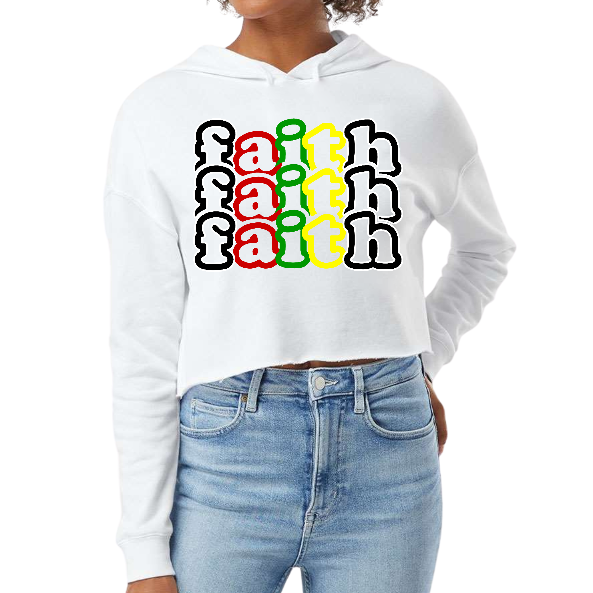 Women's cropped hoodie featuring a multicolor black illustration of faith, showcasing a stylish and comfortable design.