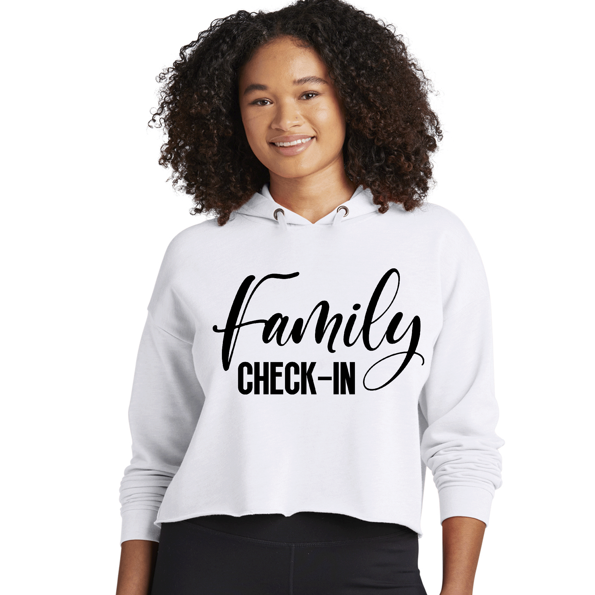 Womens cropped hoodie featuring a family check-in illustration, showcasing a stylish design with a drawstring hood and long sleeves.