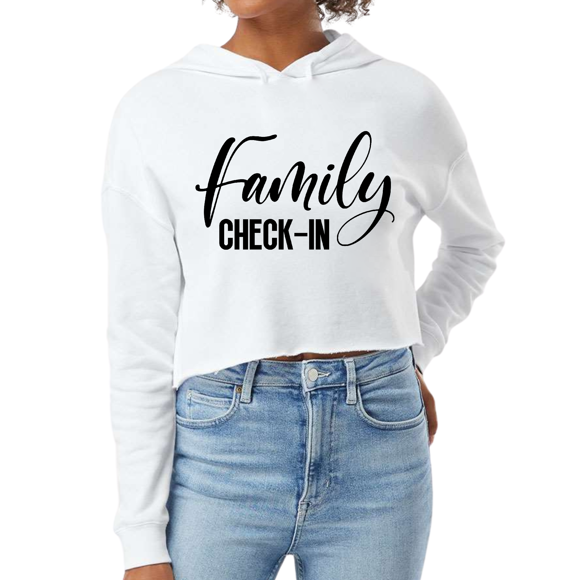 Women's cropped hoodie featuring a Family Check-in illustration in black print, showcasing a relaxed fit and stylish design.
