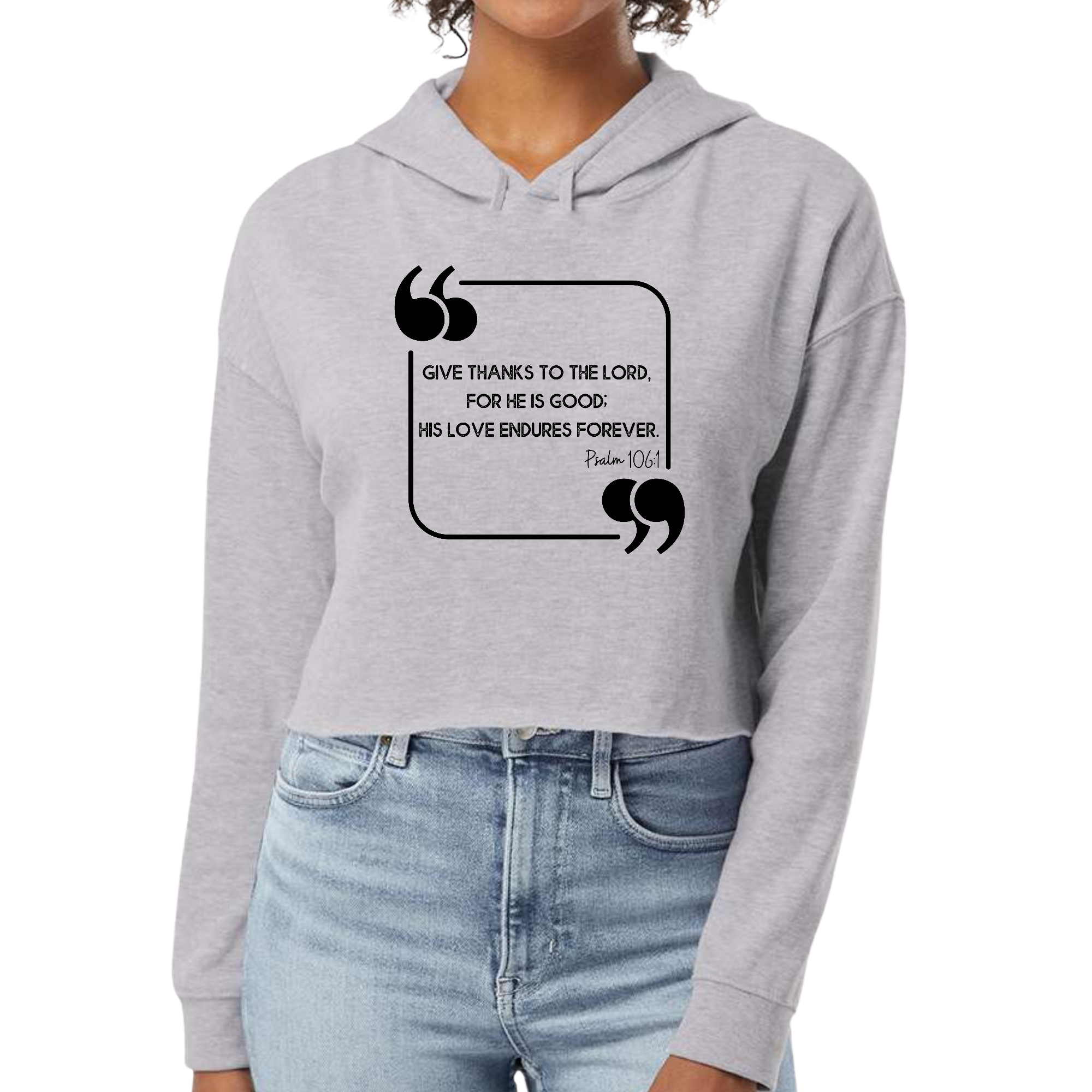 Women's cropped hoodie in black with 'Give Thanks to the Lord' illustration, showcasing a stylish design and comfortable fit.