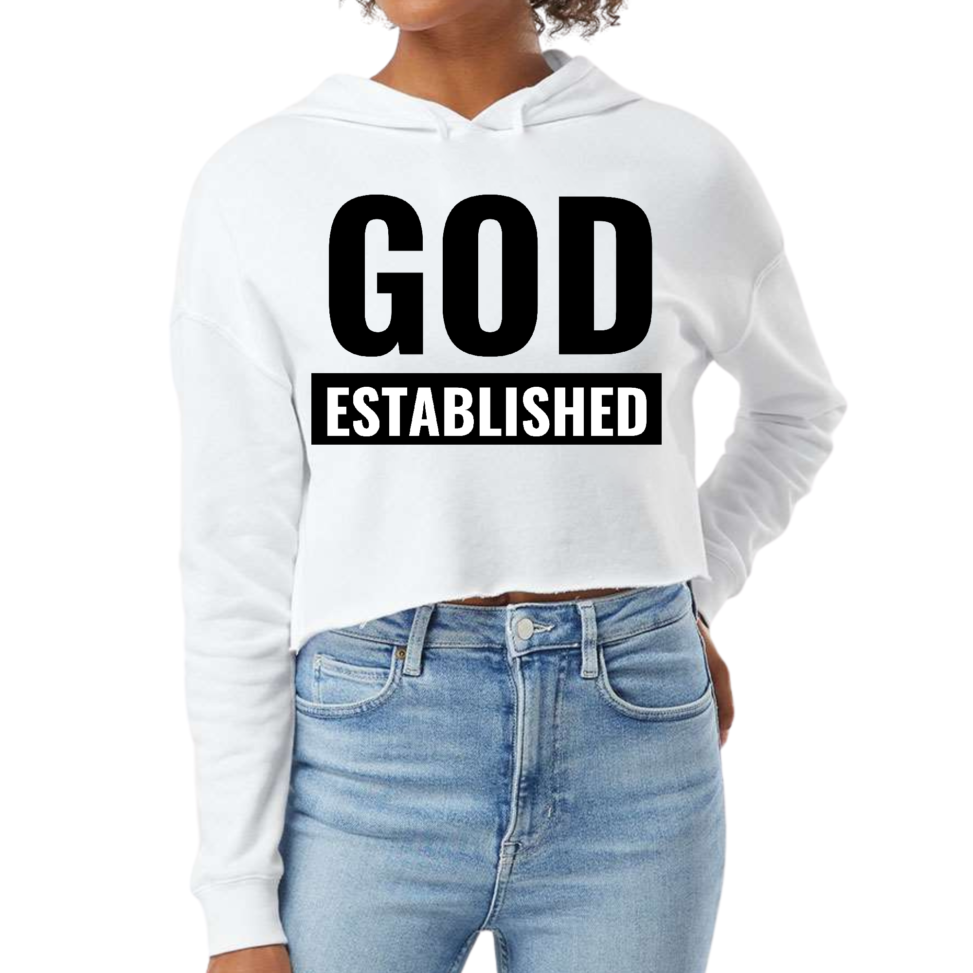 Women's cropped hoodie in black with 'God Established' scriptural inspiration, featuring a relaxed fit and soft fabric.