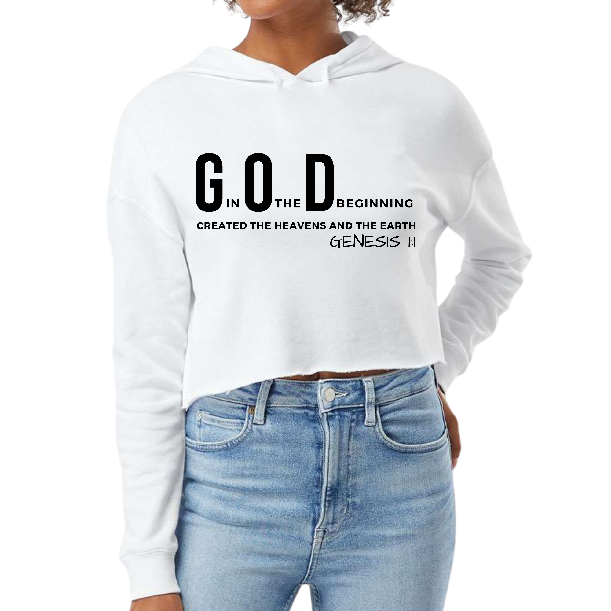 Women's cropped hoodie in black featuring 'God in the Beginning' scripture print, showcasing a relaxed fit and soft fabric.