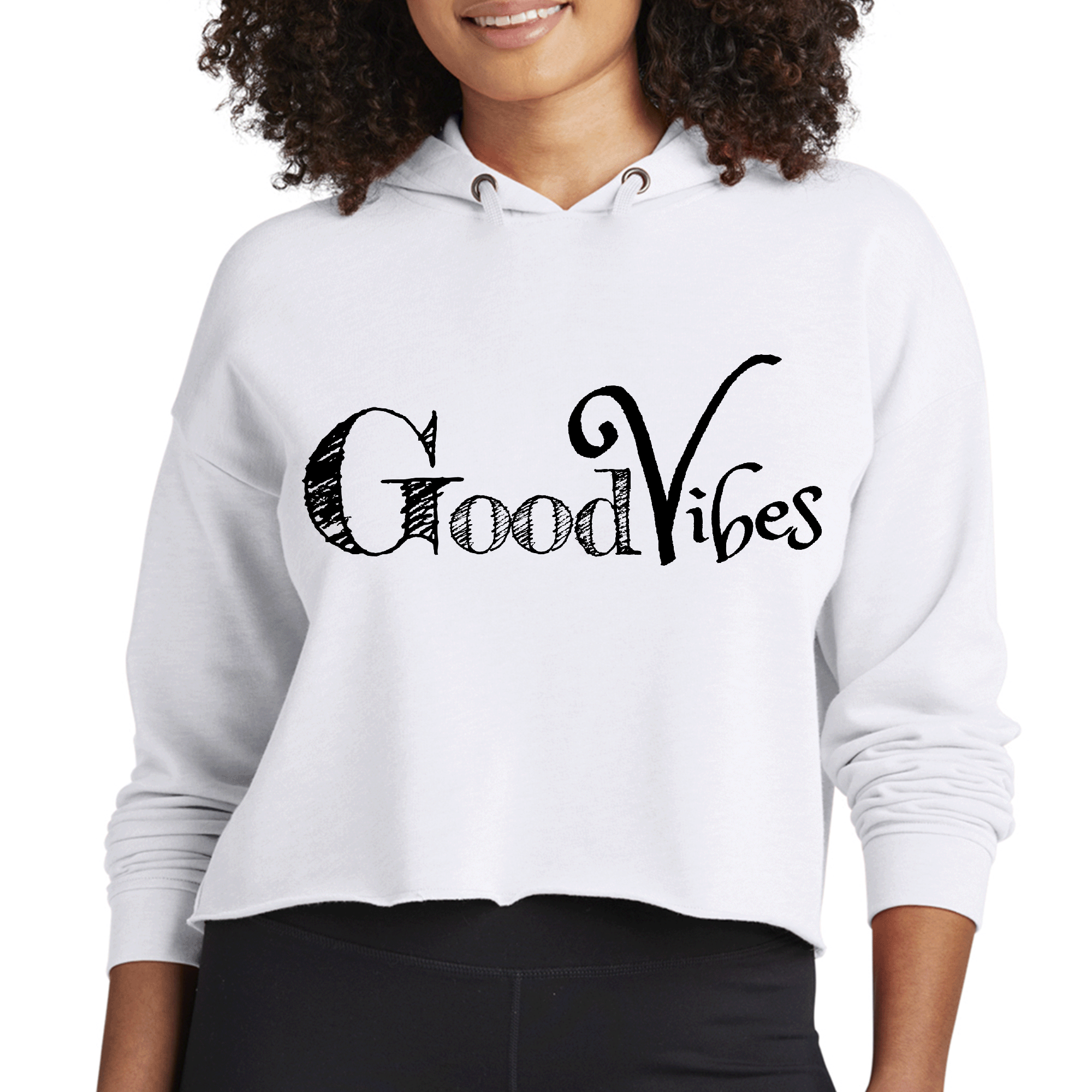 Womens Cropped Hoodie featuring Good Vibes black print, showcasing a stylish cropped design with a drawstring hood and ribbed cuffs.