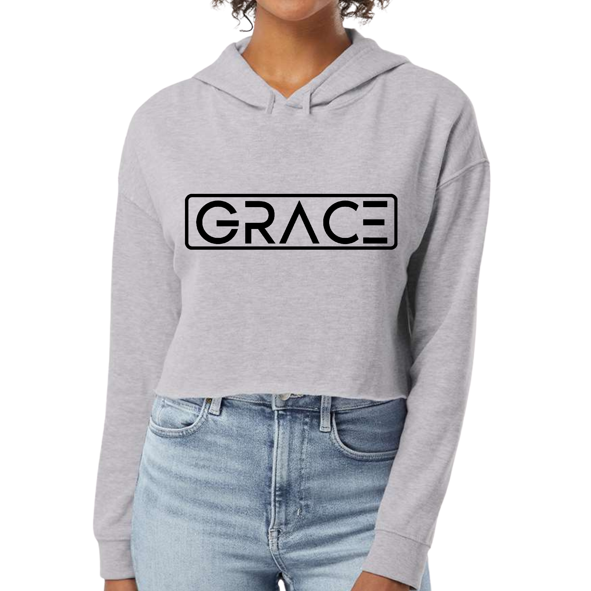 Womens Cropped Hoodie Grace Christian in black with stylish illustration, featuring a relaxed fit and double fabric hood.