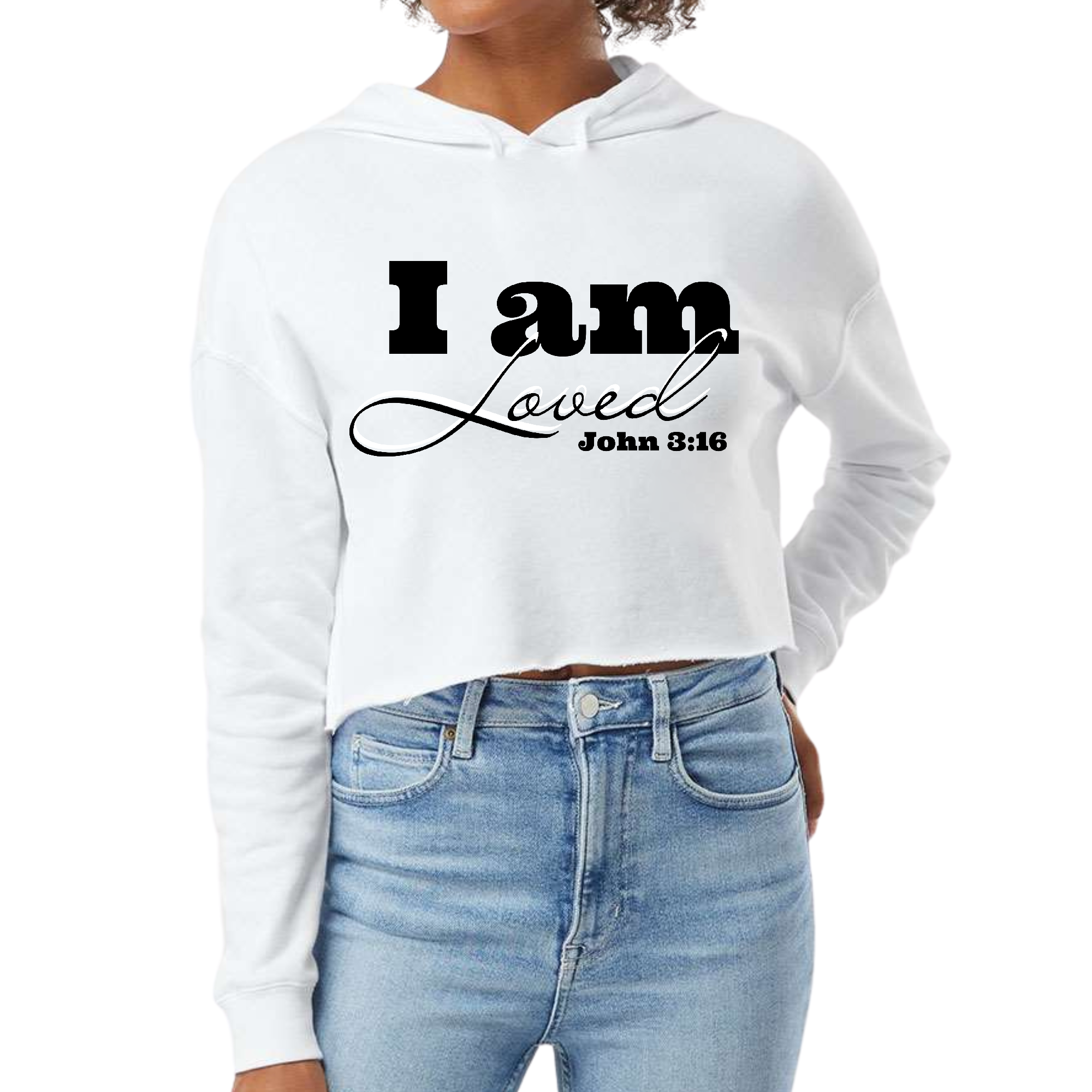 Women's cropped hoodie in black featuring the inspirational John 3:16 verse, designed for comfort and style.