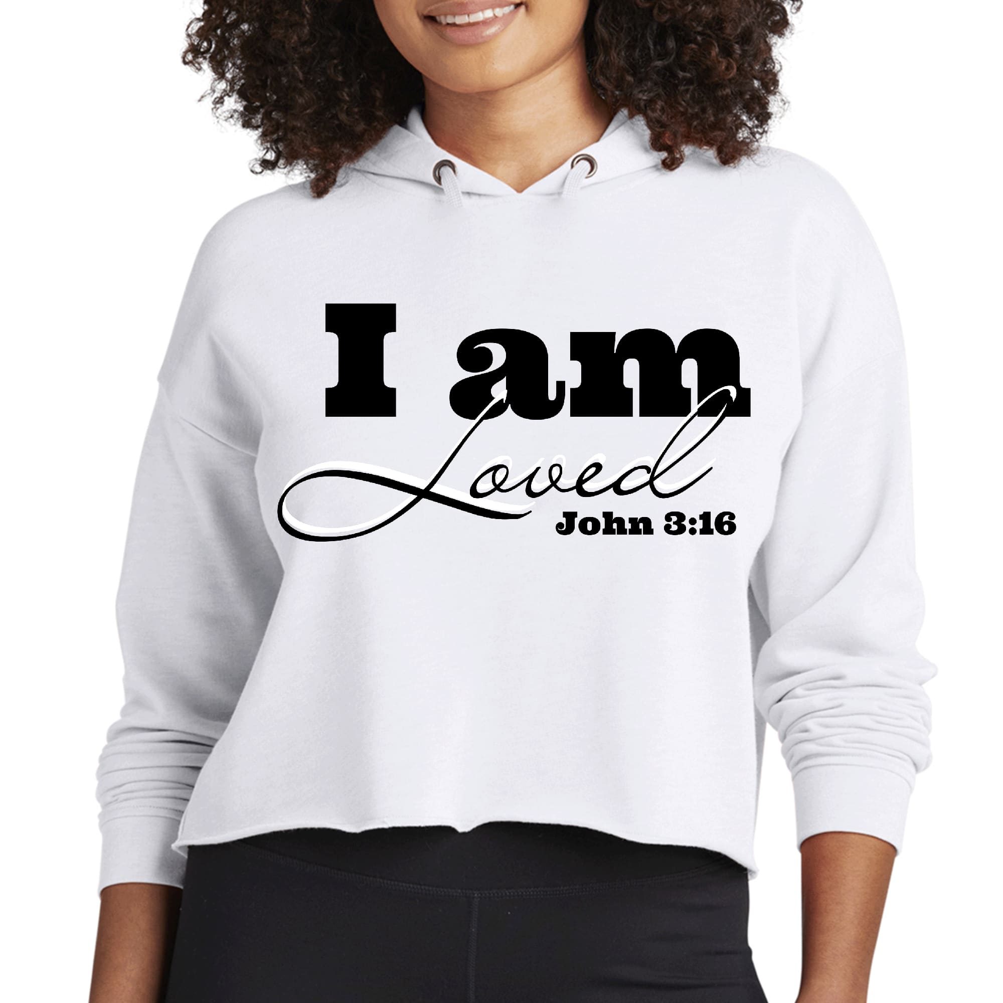 Women's cropped hoodie in black featuring the inspirational John 3:16 verse, designed for comfort and style.