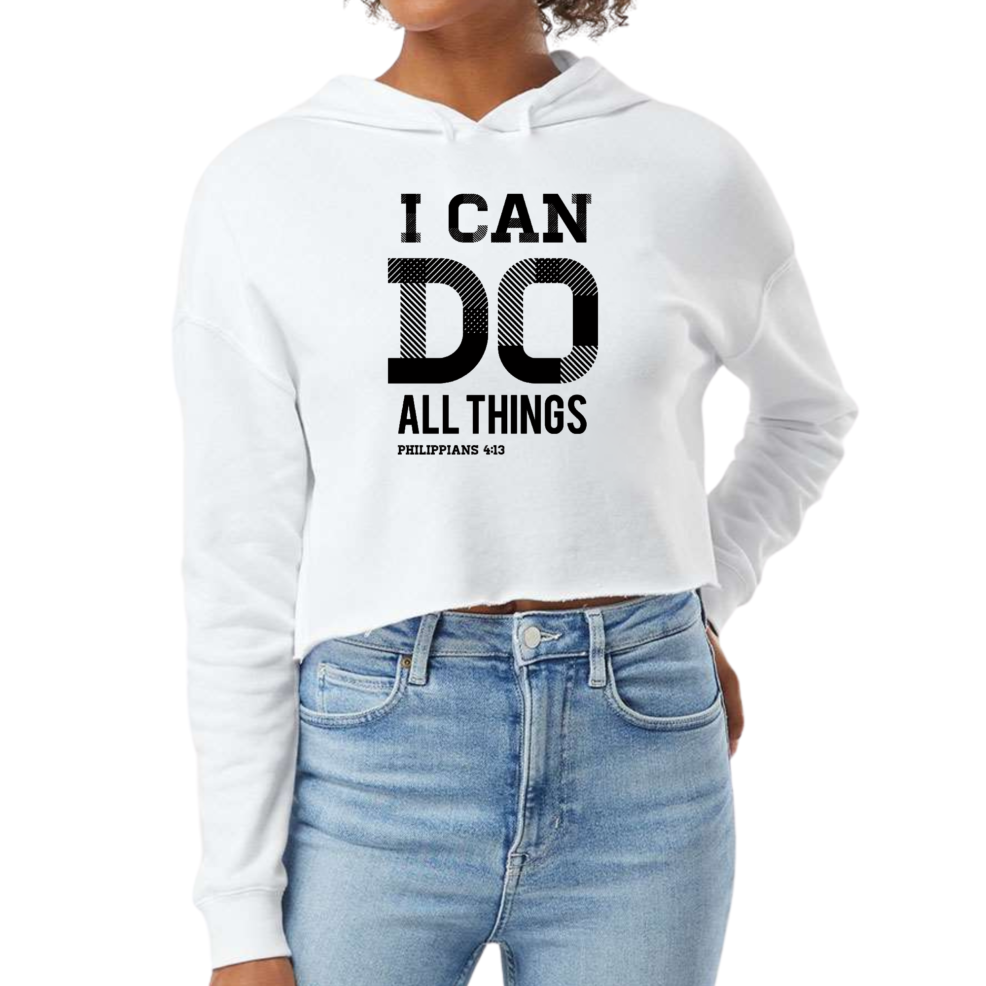 Women's cropped hoodie in black featuring Philippians 4:13 scripture print, showcasing a relaxed fit and stylish design.