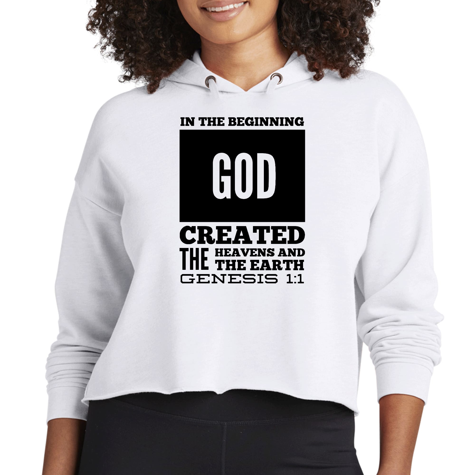 Women's Cropped Hoodie featuring 'In The Beginning' scripture print in black, showcasing a relaxed fit and stylish design.