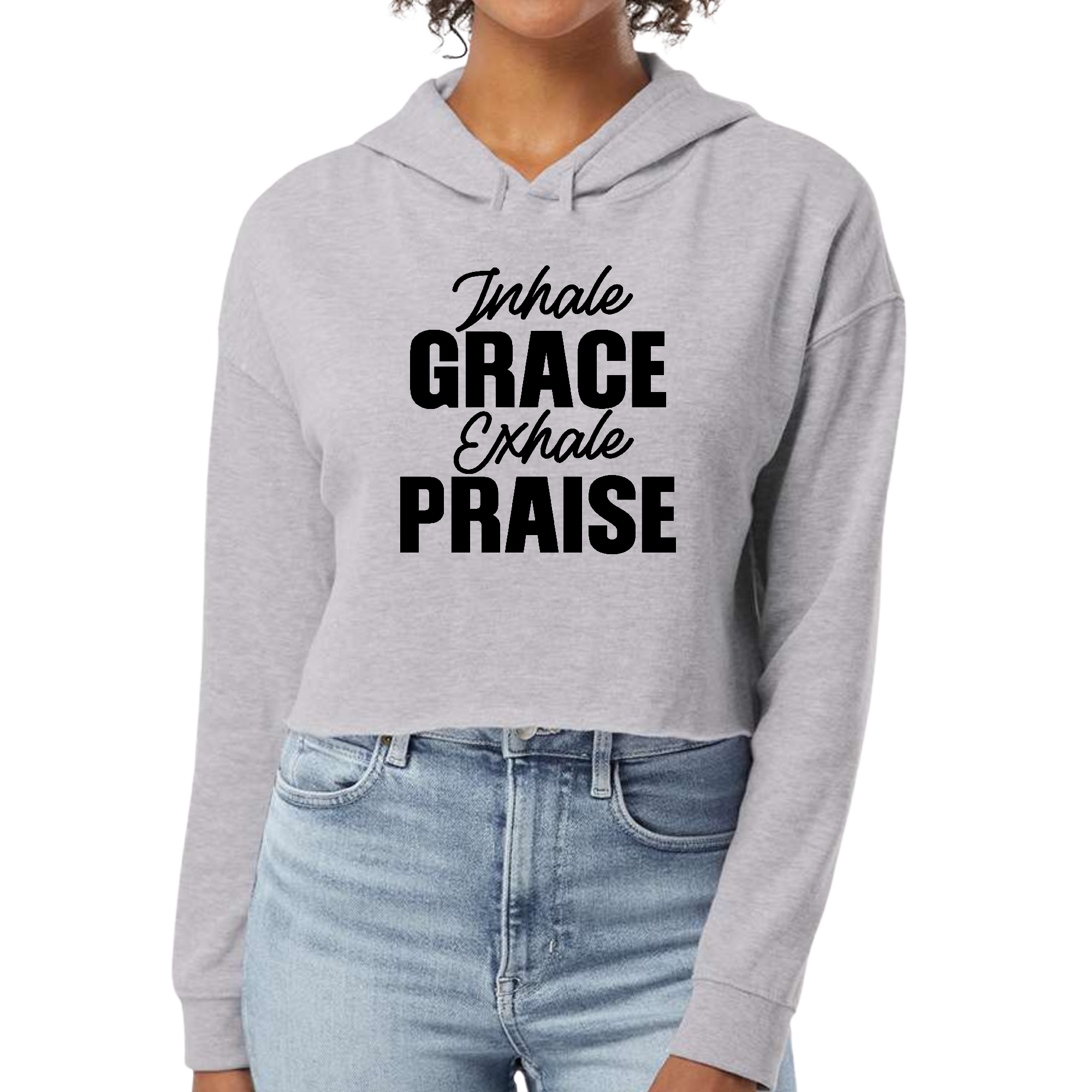 Womens cropped hoodie featuring Inhale Grace Exhale Praise illustration in black, showcasing a stylish design and comfortable fit.