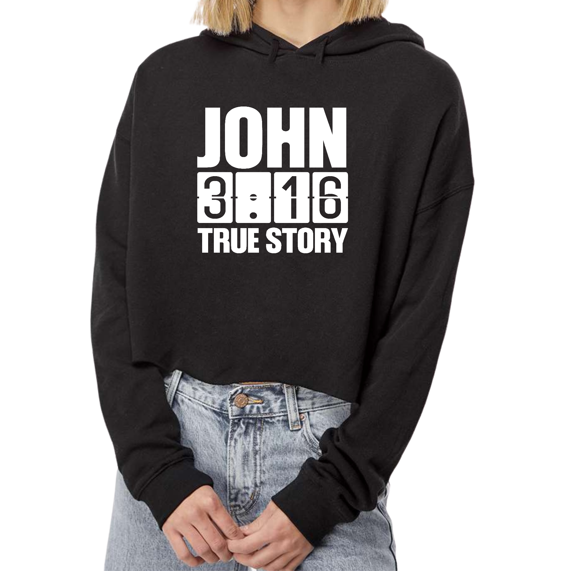 Women's cropped hoodie featuring John 3:16 True Story print, showcasing a stylish design with a relaxed fit and soft fabric.