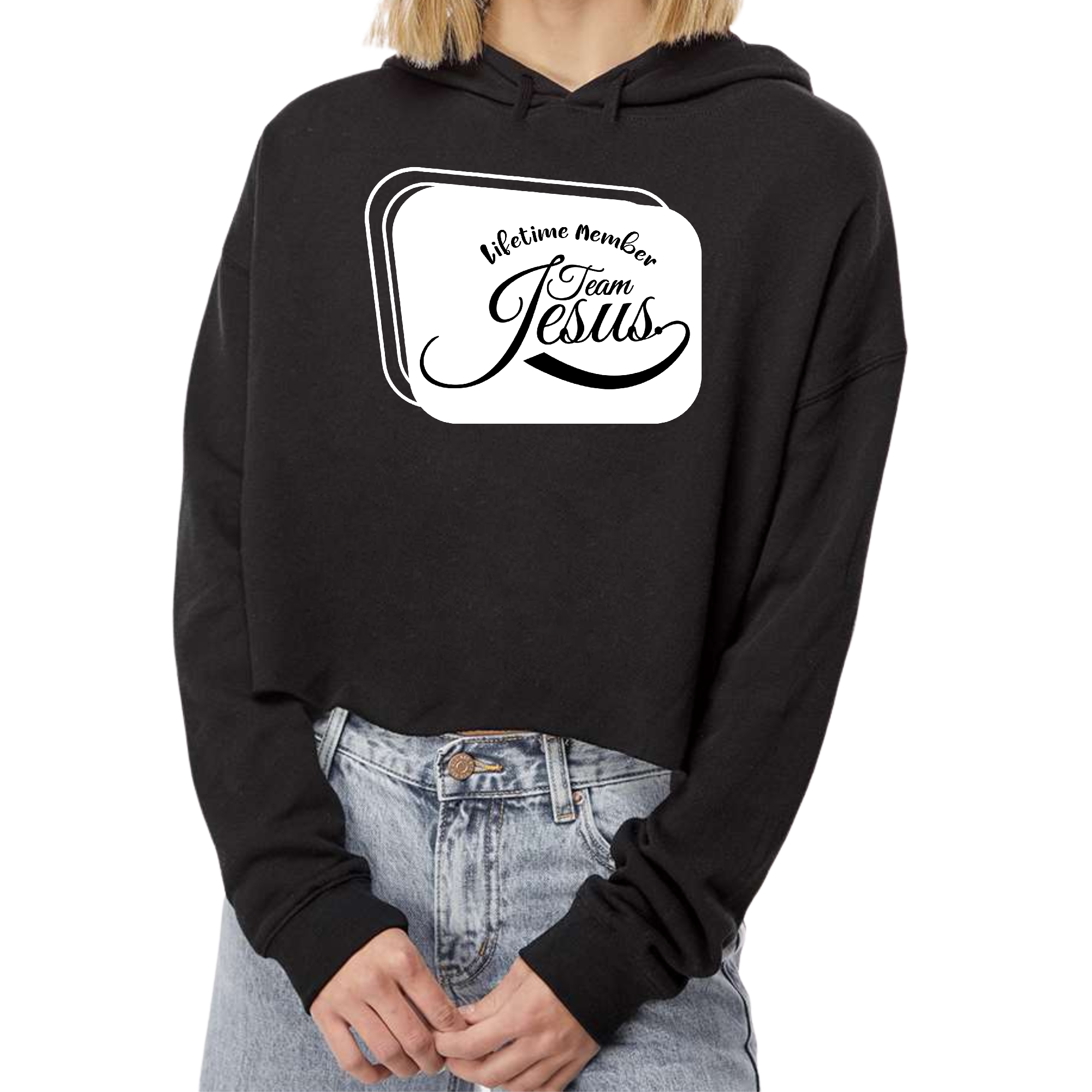 Women's Cropped Hoodie featuring Team Jesus illustration, showcasing a stylish design with a raw edge cut hem and double fabric hood.