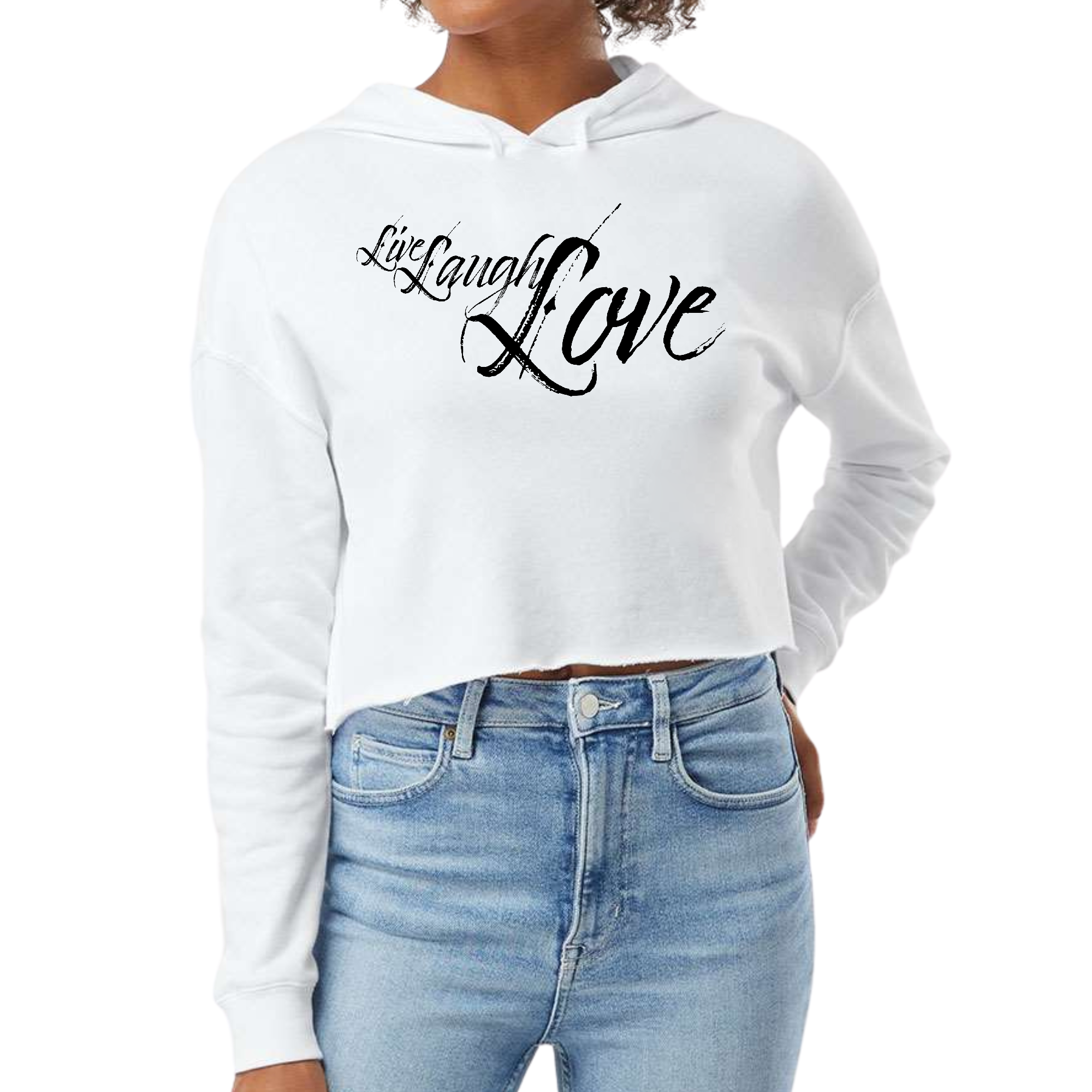 Womens cropped hoodie in black featuring a stylish Live Laugh Love illustration, showcasing a relaxed fit and soft fabric.