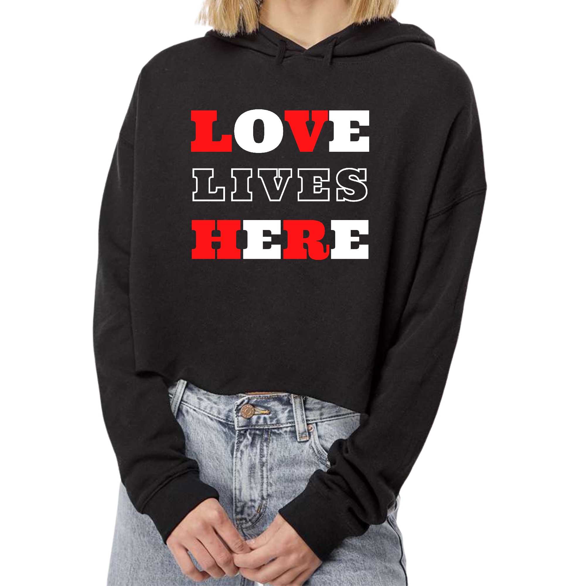 Women's cropped hoodie in various colors with Christian message 'Love Lives Here', featuring a relaxed fit and soft fabric.