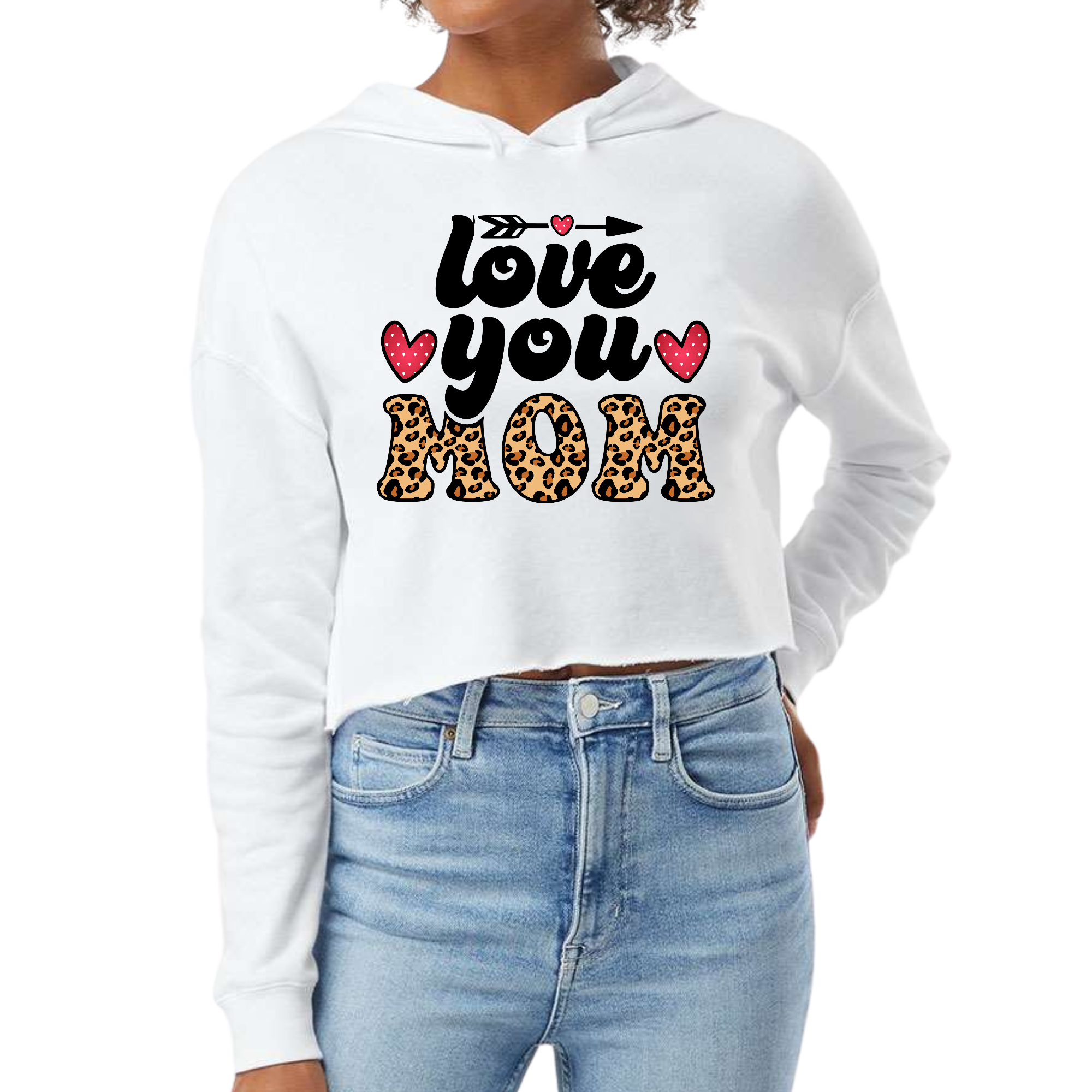 Women's Cropped Hoodie featuring 'Love You Mom' in leopard print, showcasing a stylish design and comfortable fit.