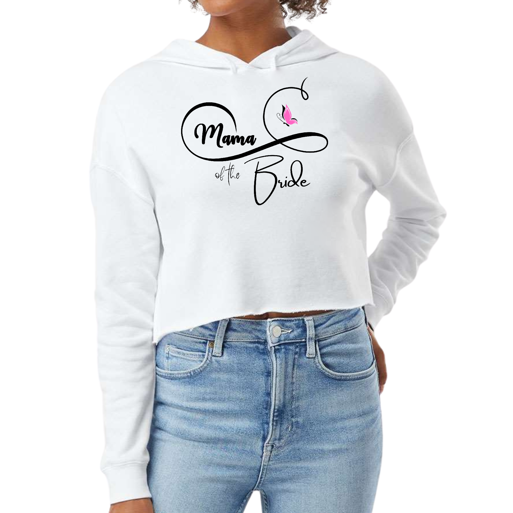 Women's cropped hoodie in pink with 'Mama of the Bride' butterfly illustration, featuring a relaxed fit and stylish design.