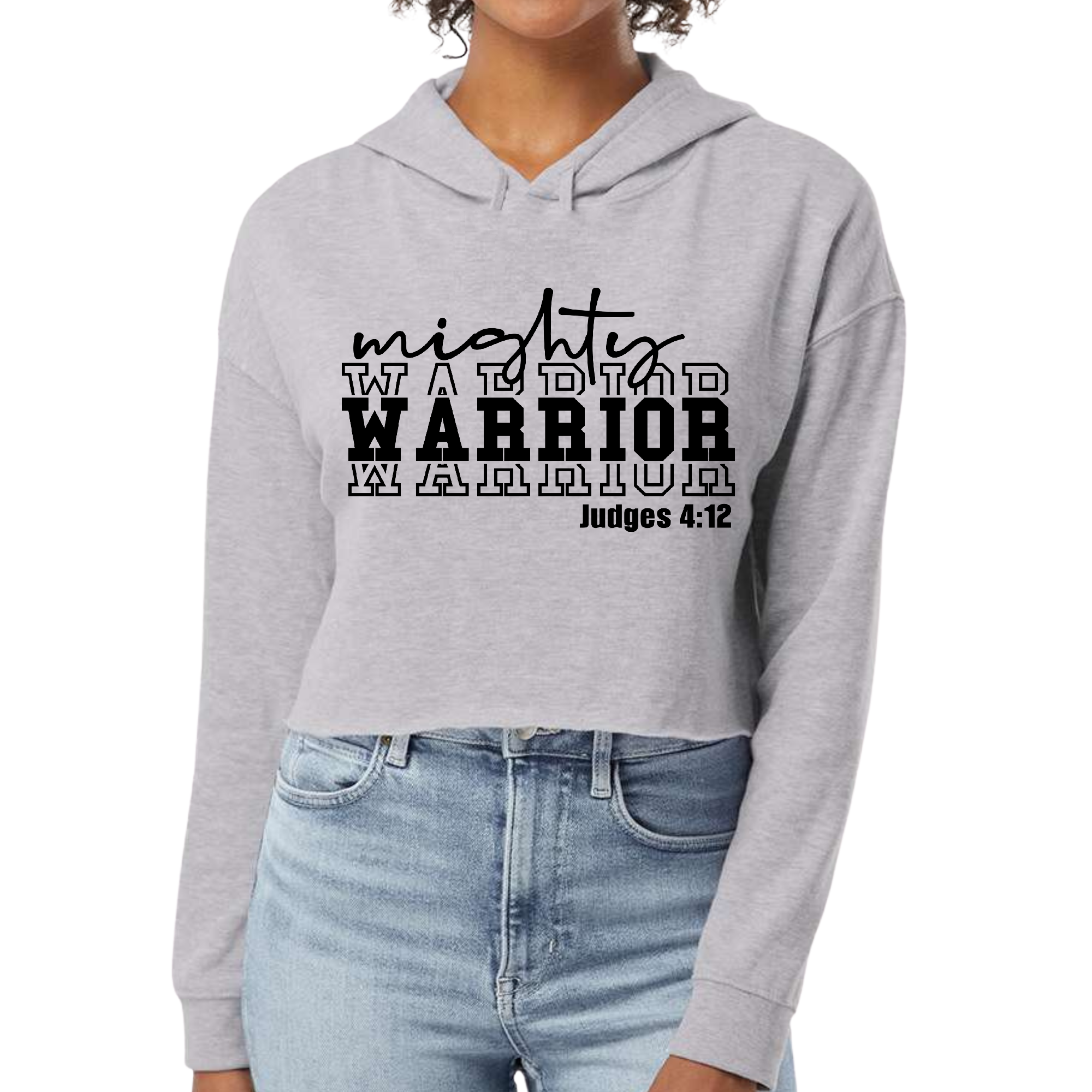 Womens Cropped Hoodie in black featuring a mighty warrior illustration, showcasing a stylish design with a relaxed fit and double fabric hood.