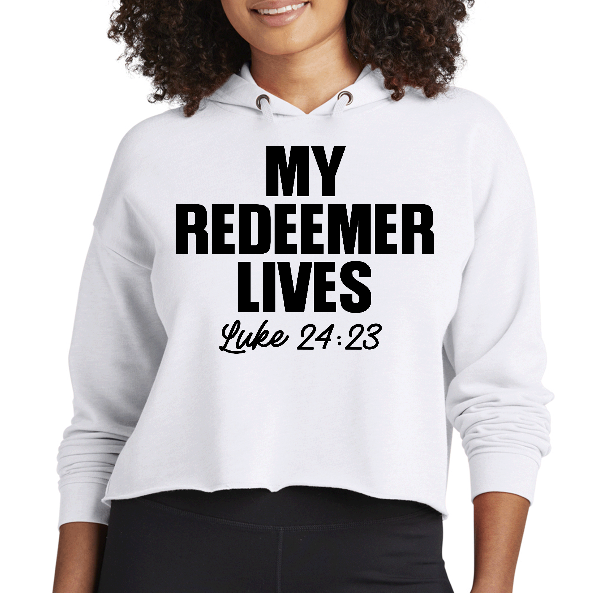 Womens Cropped Hoodie featuring My Redeemer Lives Print, showcasing a stylish design with a drawstring hood and raw edge hem.