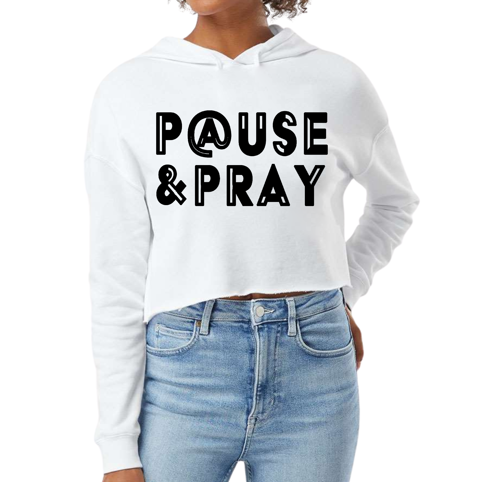 Women's cropped hoodie in black featuring a Pause and Pray illustration, showcasing a stylish design with a relaxed fit and double fabric hood.