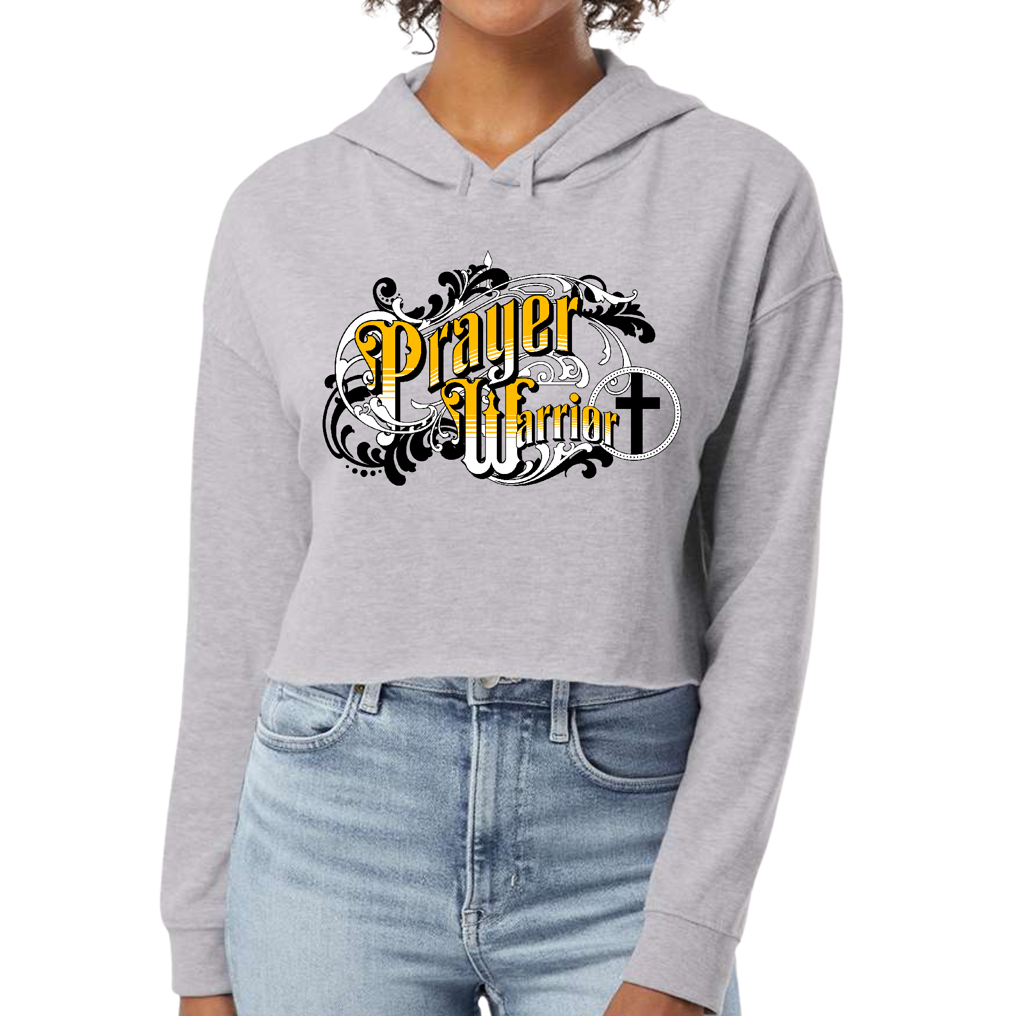 Women's cropped hoodie featuring a Prayer Warrior Victorian style illustration, showcasing a stylish design with a comfortable fit.