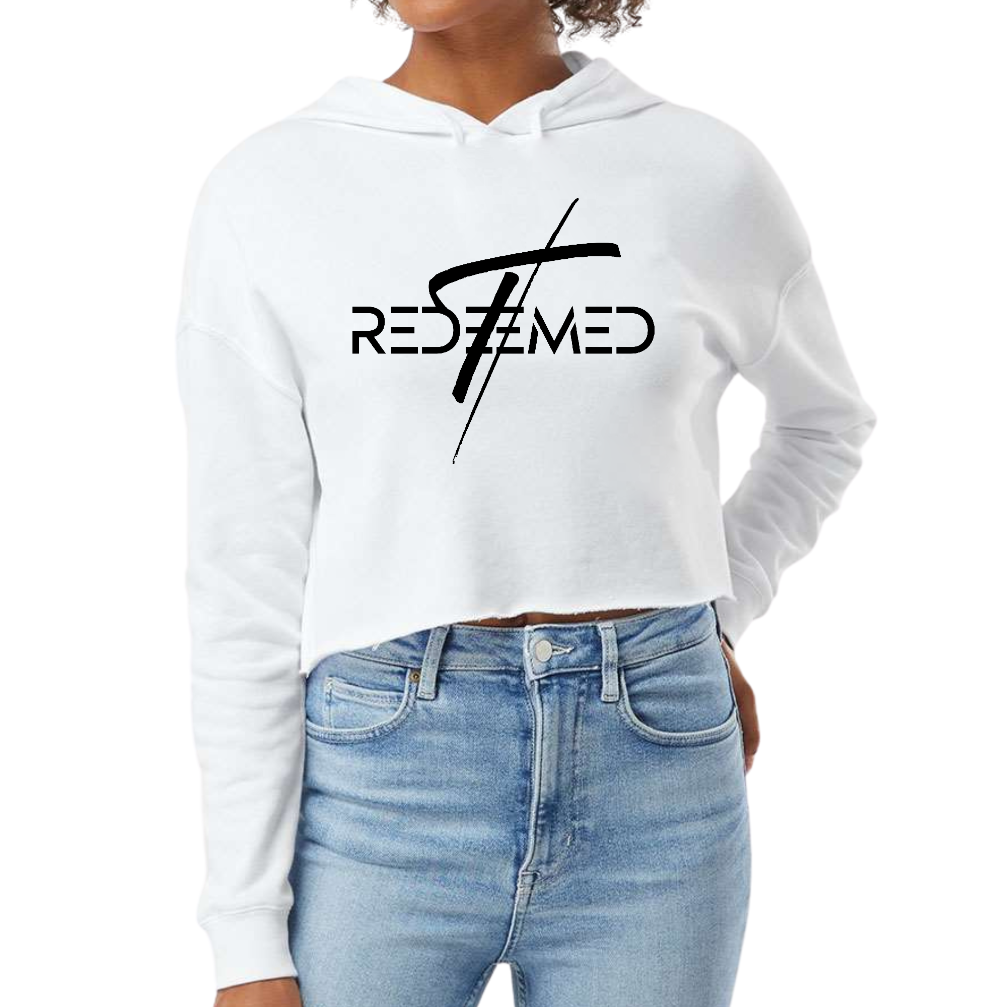 Women's cropped hoodie featuring a black illustration of the Redeemed Christian Cross, showcasing a stylish and comfortable design.