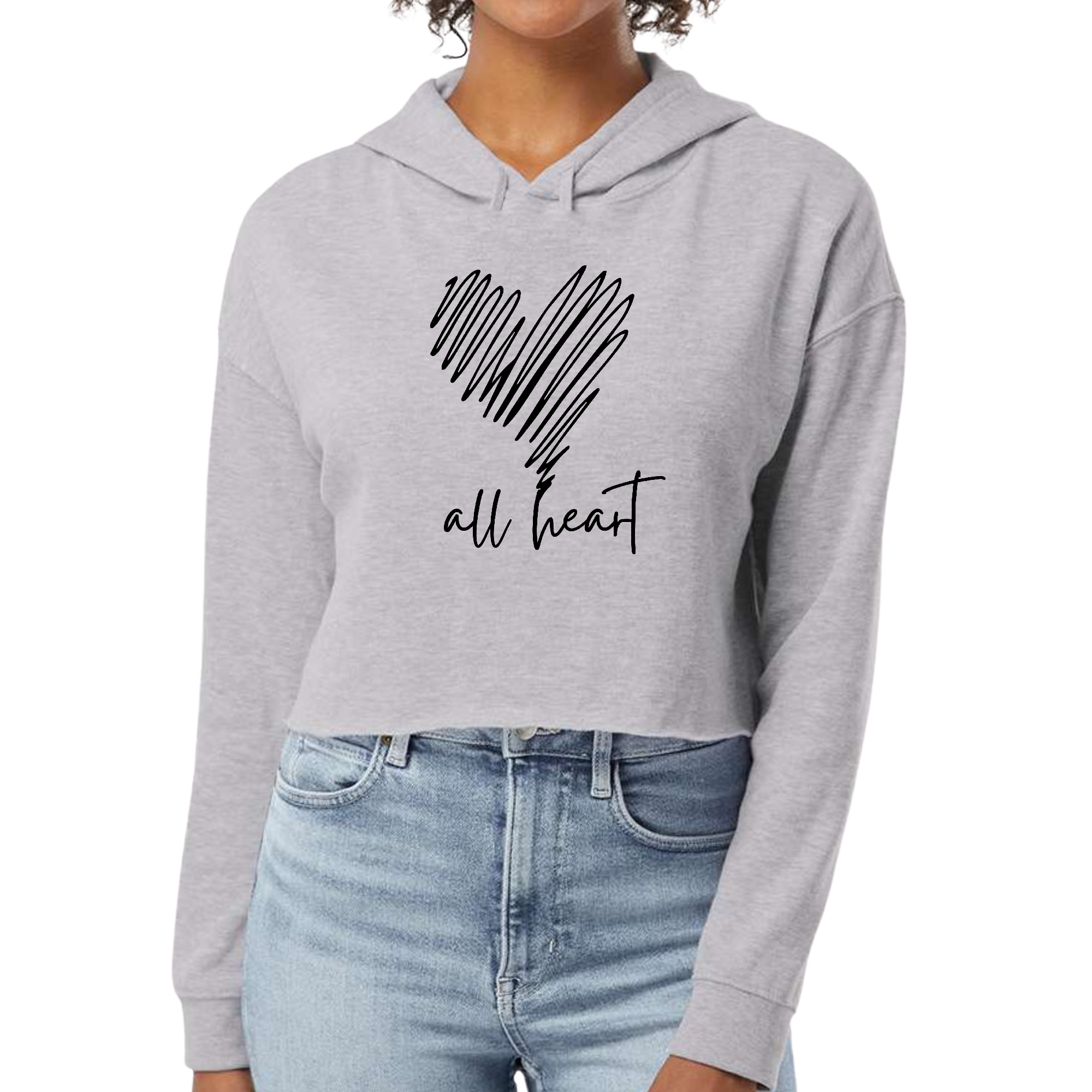 Women's cropped hoodie featuring 'Say it Soul, All Heart' line art design, showcasing a stylish and comfortable fit.
